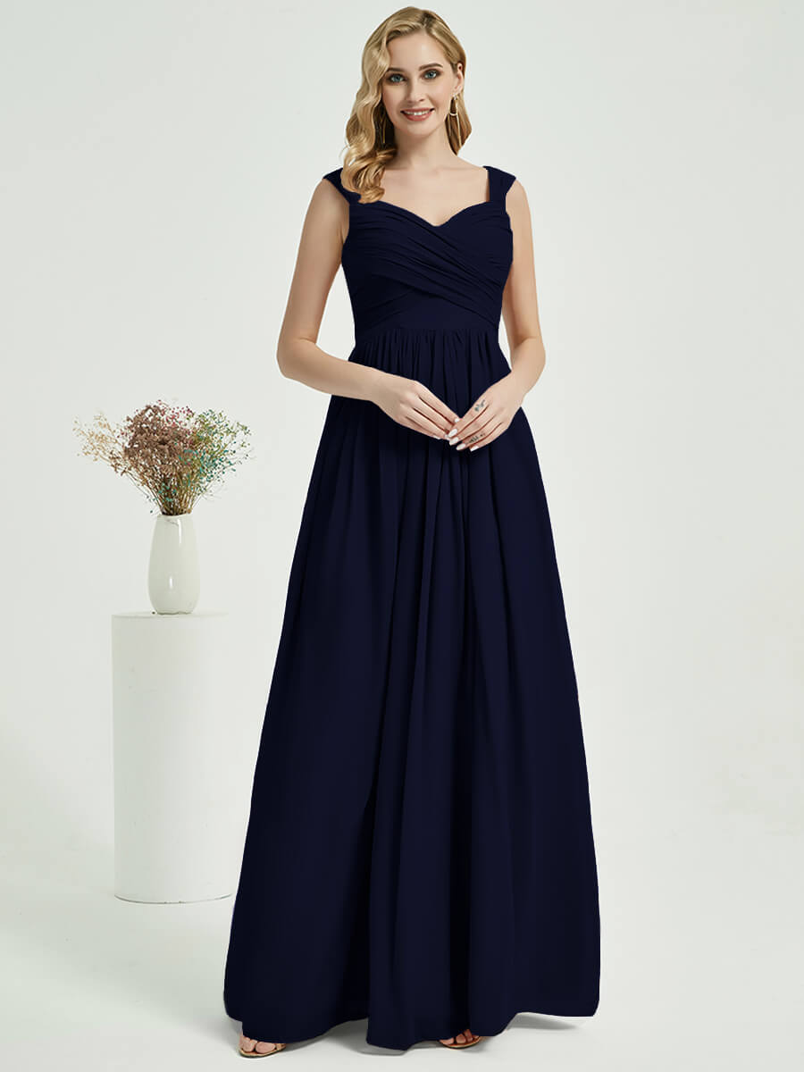 Elegant Dark Navy Sweetheart Backless Chiffon Floor Length Bridesmaid Dress for Weddings, Prom & Formal Events