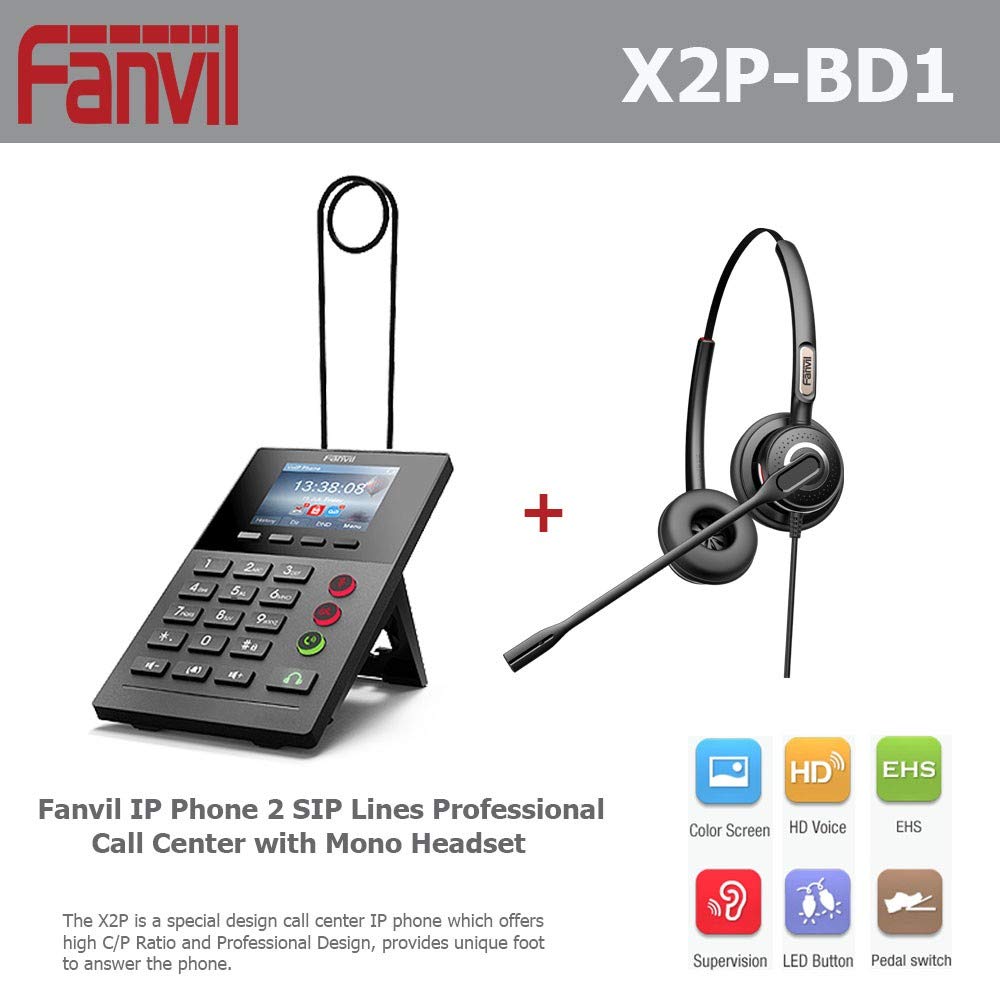 Fanvil X2P Professional VoIP Call Center IP Phone with PoE, 2 SIP Lines, Color LCD Display & HT201 Mono Headset - Ideal for Office, Business, and Customer Support Teams