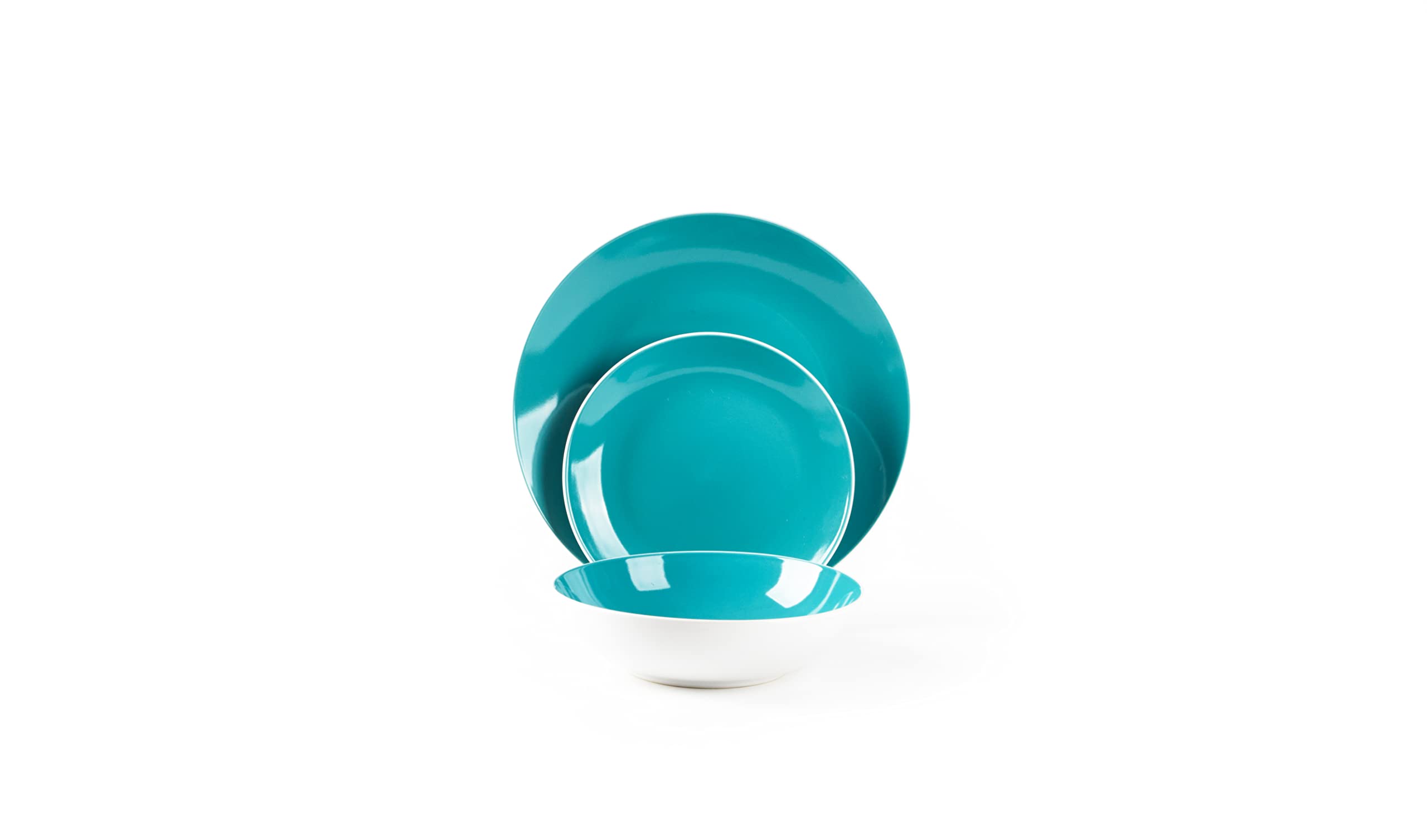 12-Piece Stoneware Dinnerware Set - White Exterior & Tiffany Blue Interior - Elegant Coupe Shape for Formal Dining, Entertaining & Everyday Use