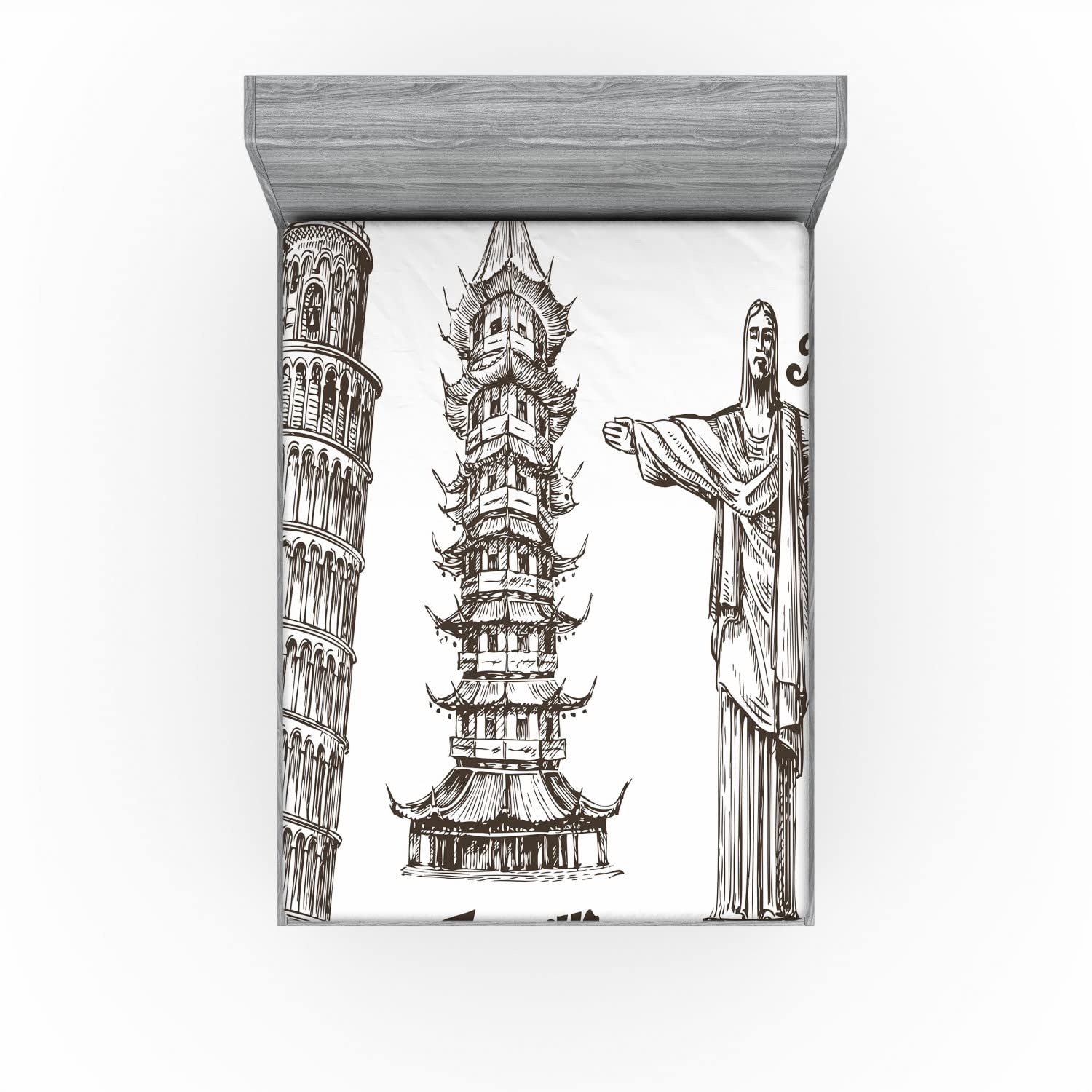 Ambesonne Queen Size Fitted Sheet - Leaning Tower of Pisa & Brazil Architecture Design, Deep Pocket All-Around Elastic Bed Cover in Army Green | Perfect for Travel, Guest Rooms & Cultural Decor Bedding