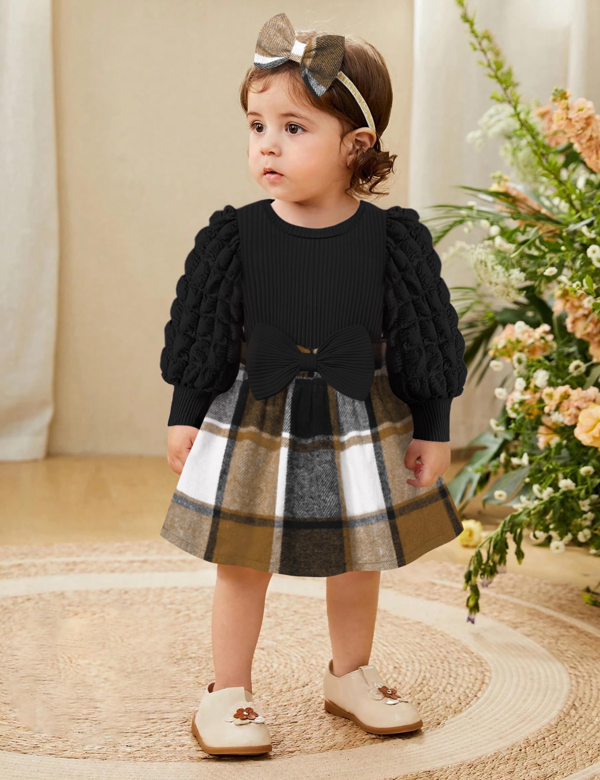 Qaoerde Baby Girl Dress - Puff Sleeve Plaid Ribbed Newborn Outfit with Bowknot Headband | Fall Winter Clothes for Infants | Perfect for Holiday Photos, Birthday Parties & Family Gatherings