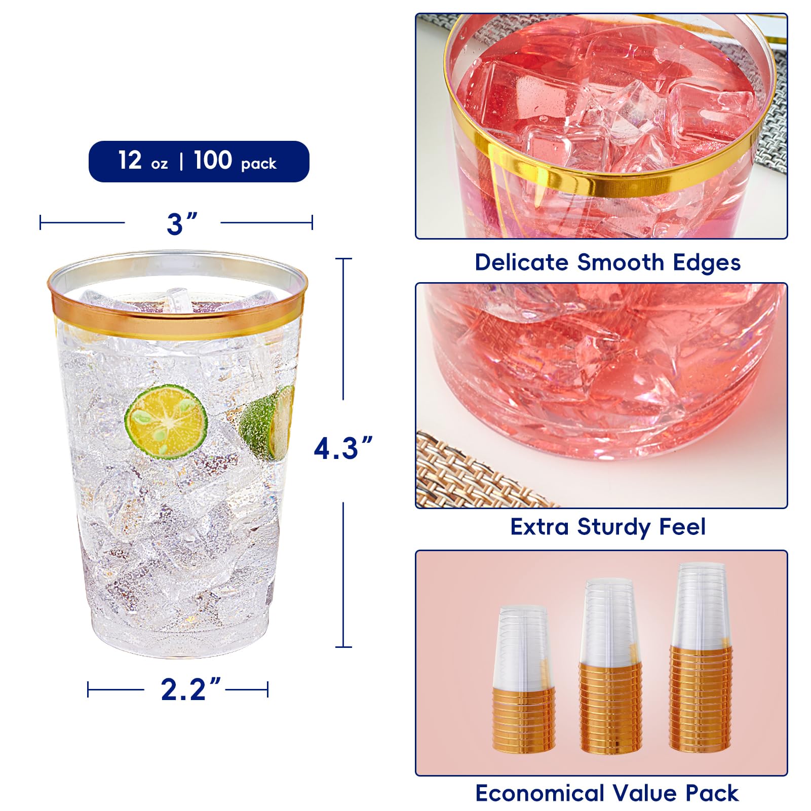 JOLLY CHEF 100-Pack 12oz Clear Plastic Cups with Gold Rim - Elegant Disposable Tumblers for Wedding, Party, Thanksgiving & Christmas - Perfect for Cocktails, Beverages & Celebrations - Ideal for Home Entertaining, Office Events and Holiday Gatherings