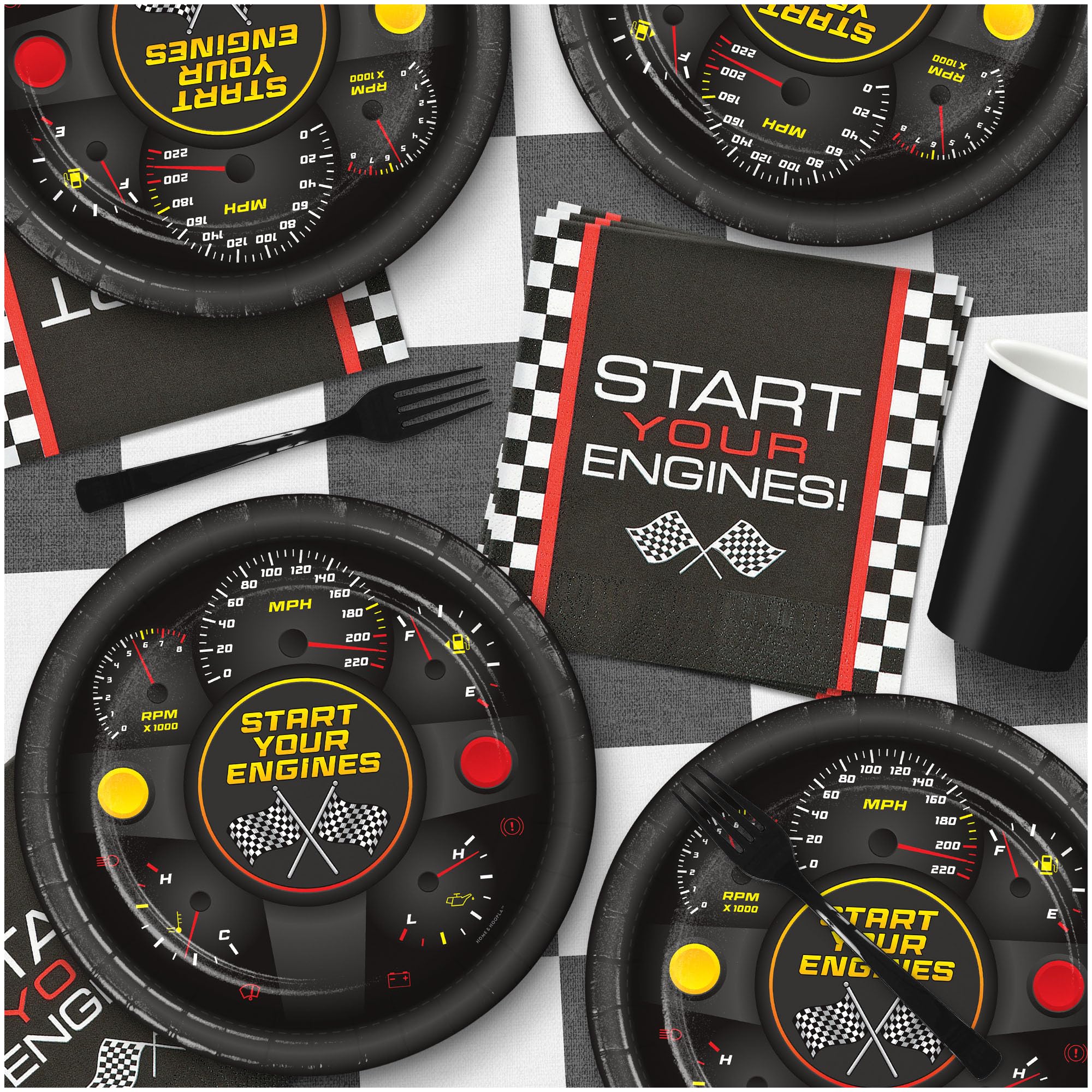 Race Car Party Supplies Set - 16 Racing Themed Paper Dinner Plates & Checkered Lunch Napkins for Kids Birthday, Baby Shower & Themed Events | HOME & HOOPLA