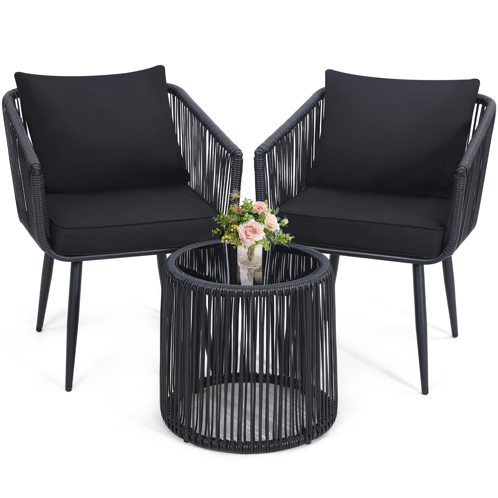 Kromax 3-Piece Patio Rattan Bistro Set - All-Weather Wicker Outdoor Furniture with 2 Chairs & Side Table - Perfect for Balcony, Porch, Backyard, Garden or Poolside - Black