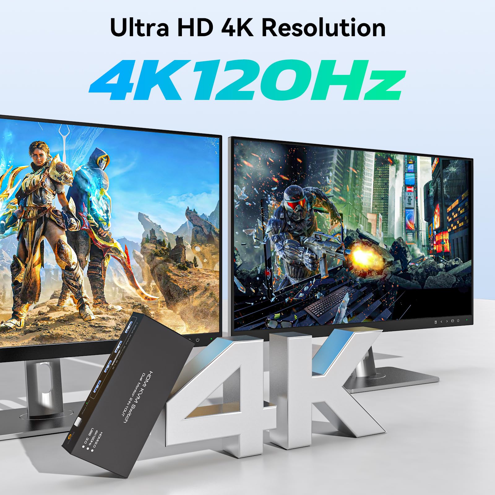 4K 120Hz HDMI KVM Switch for 2 Computers 2 Monitors - USB 3.0 Dual Monitor KVM Switch with 4 USB Ports, 12V/1A Power Adapter & Desktop Controller - Perfect for Home Office, Gaming & Multi-Tasking Workstations