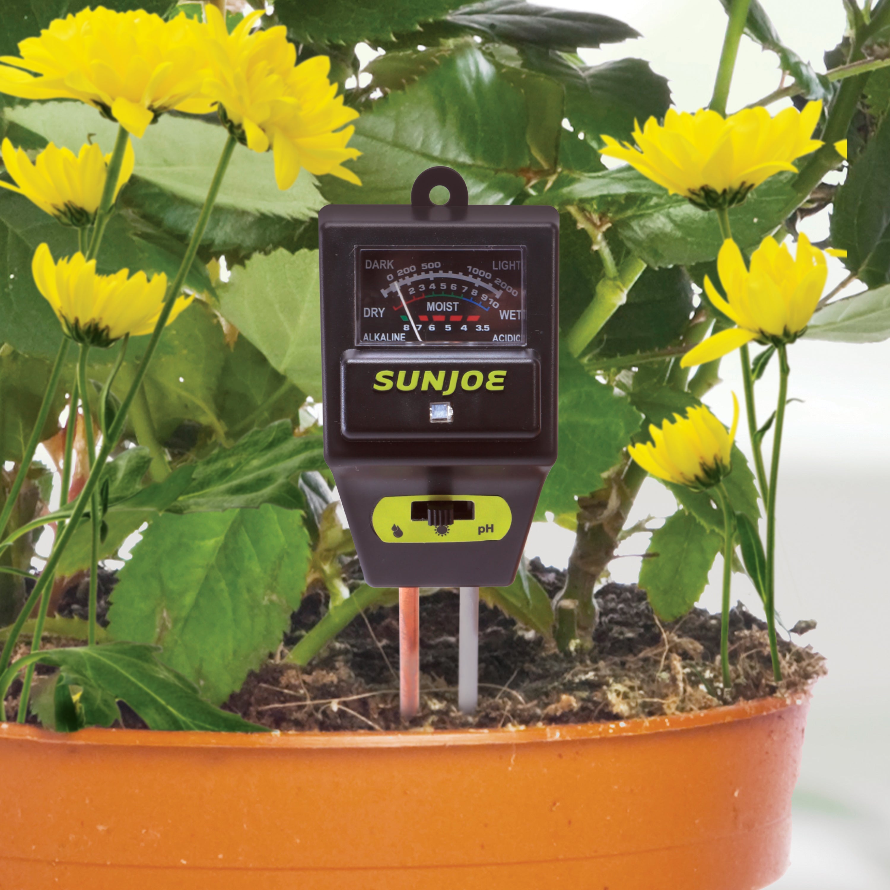 Sun Joe SJ MMPH1 3-in-1 Soil Tester - Moisture, pH & Light Meter for Indoor/Outdoor Plants | Perfect for Gardening, Lawn Care & Houseplant Maintenance