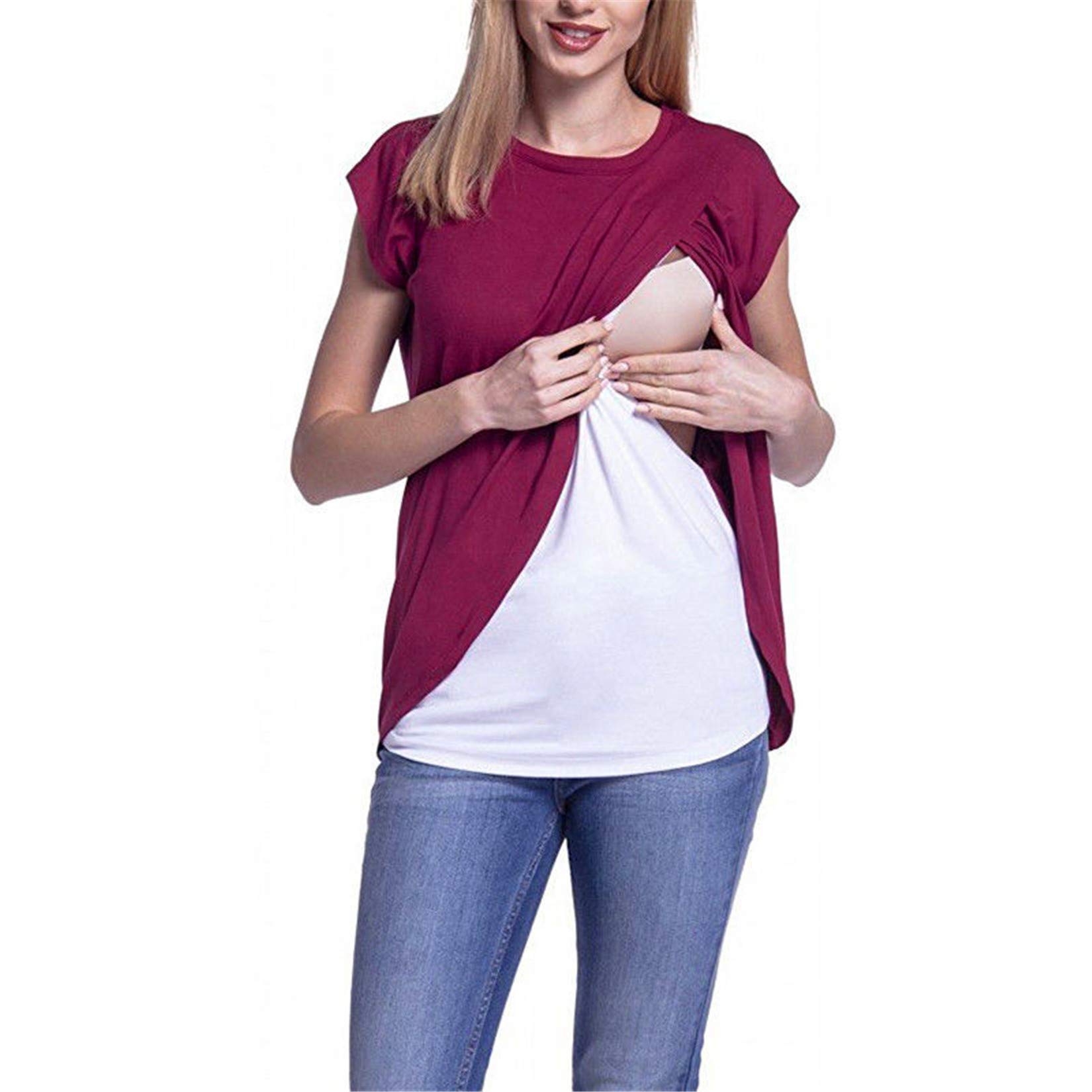 Andongnywell Women's Maternity Nursing Tops - Soft Short Sleeve Breastfeeding Shirts for Pregnancy & Nursing - Comfortable Stretchy Cotton T-Shirt - Perfect for Everyday Wear, Nursing at Home or Outdoors