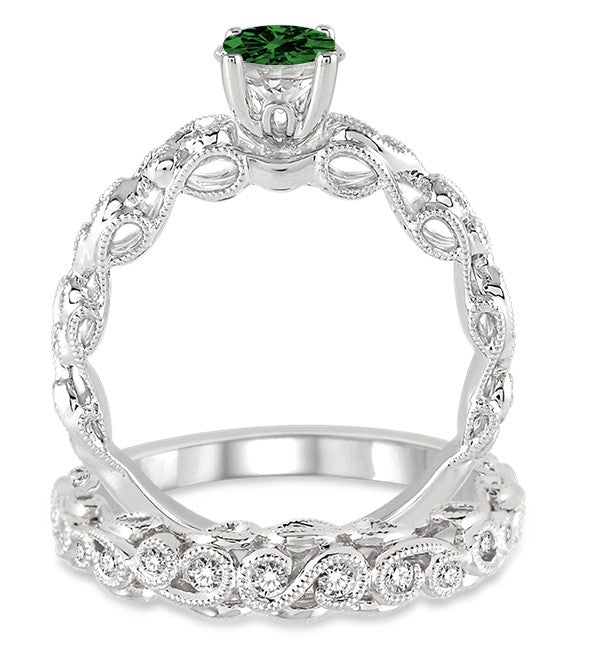 1.25 Carat Emerald Infinity Vintage Bridal Ring Set with Round Cut Moissanite Diamond in 10k White Gold – Perfect for Engagement, Wedding & Anniversary Gifts