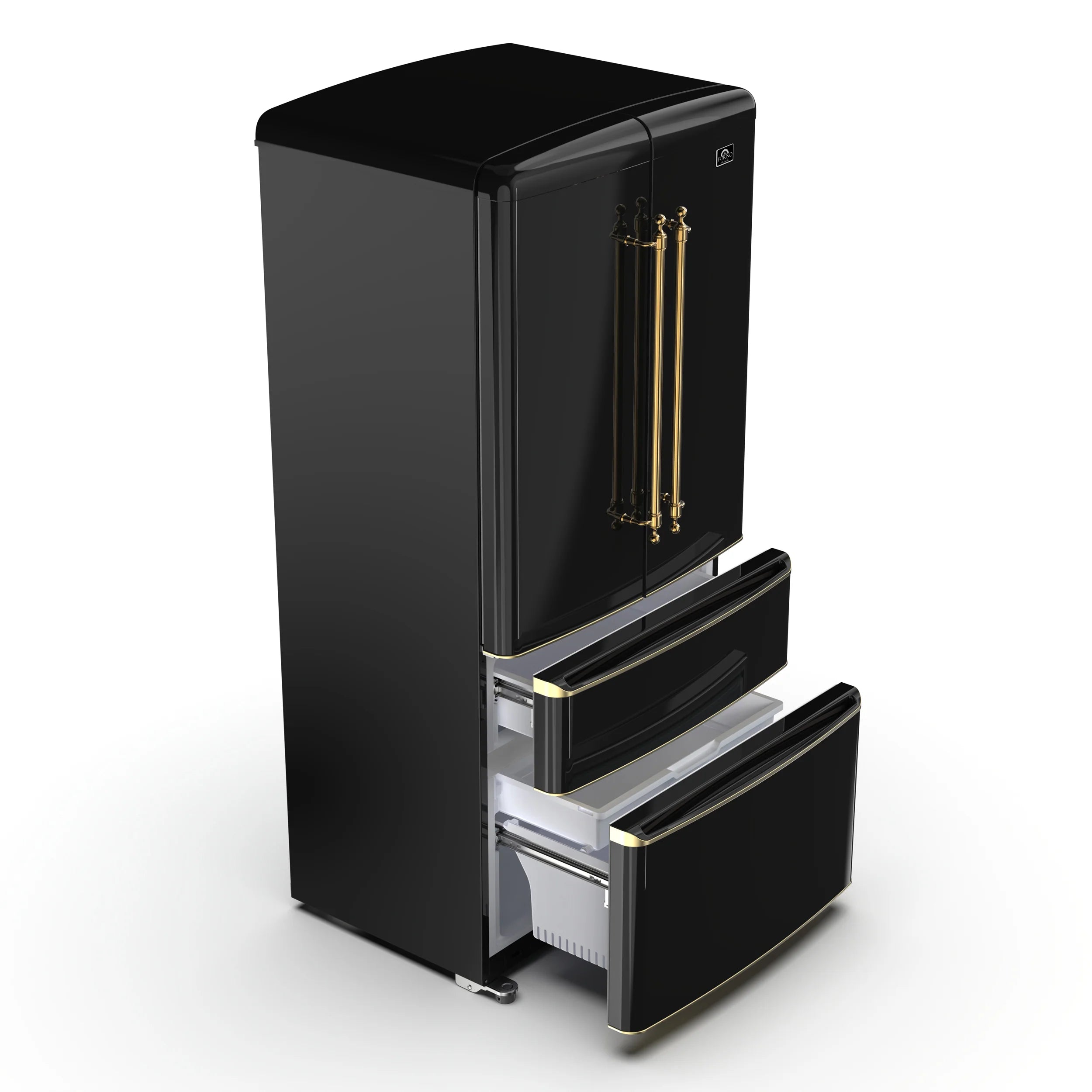 Forno Luigi 33 Inch French Door Refrigerator with Black Finish & Antique Brass Handles - Model FFFFD1791 33BLK | Perfect for Modern Kitchens & Open-Concept Homes