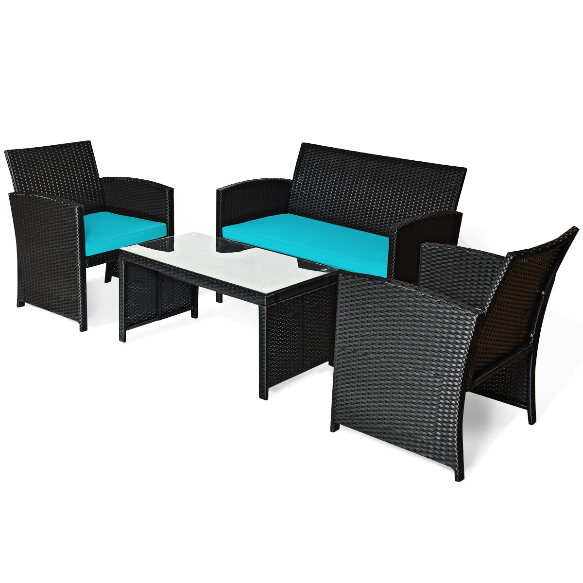 COSTWAY 4-Piece Outdoor Rattan Patio Furniture Set with Cushions & Glass Coffee Table - Wicker Sofa Conversation Set for Backyard, Porch, Garden, Lawn (Turquoise) | Perfect for Relaxing, Entertaining & Outdoor Dining