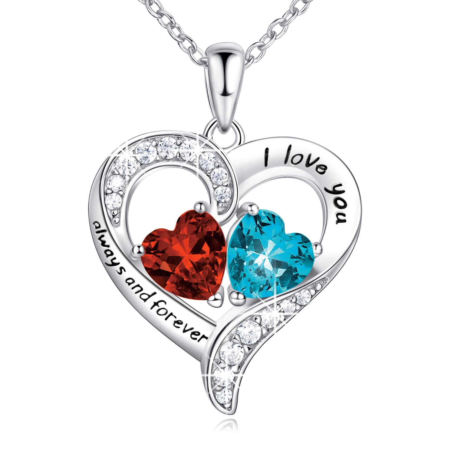 BlingGem Heart Necklace for Women - 925 Sterling Silver Birthstone Pendant with 2 Stones, Customizable Jewelry Gift for Wife, Mom, Girlfriend | Perfect for Valentine's Day, Anniversary, Mother's Day & Birthday Gifts