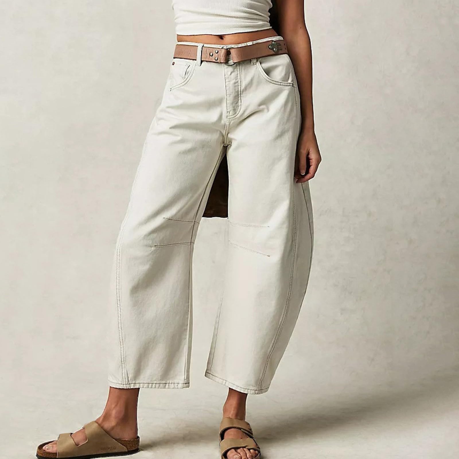 **Women's Boyfriend Barrel Jeans – Baggy Wide Leg Palazzo Pants, Plus Size 6X-Large, Mid High Rise Straight Leg Denim – #01 White – Casual & Streetwear Outfit**