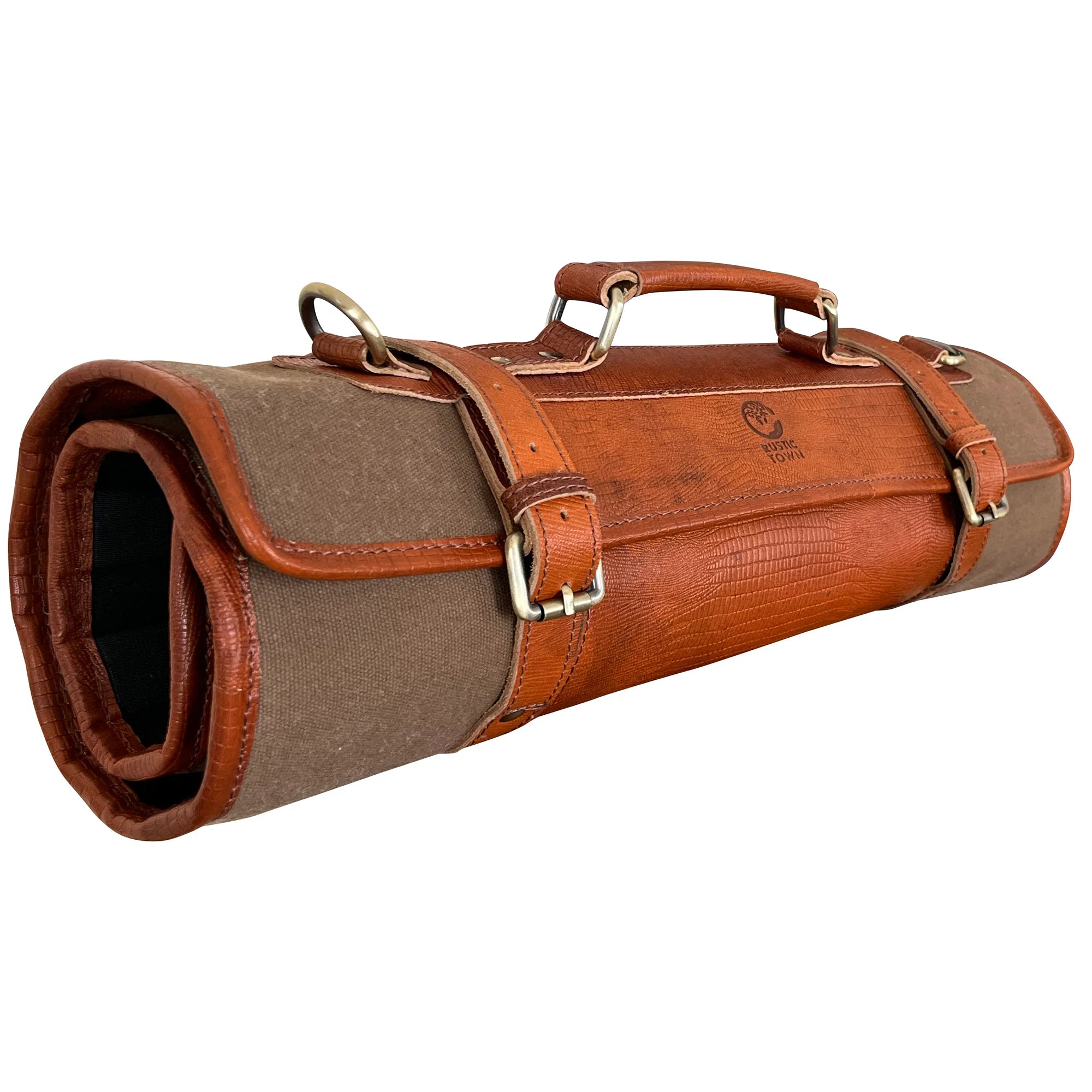 Premium Leather & Canvas Knife Roll Storage Bag for Chefs - Rust Brown - Perfect for Professional Kitchens, Culinary Schools & Home Cooking