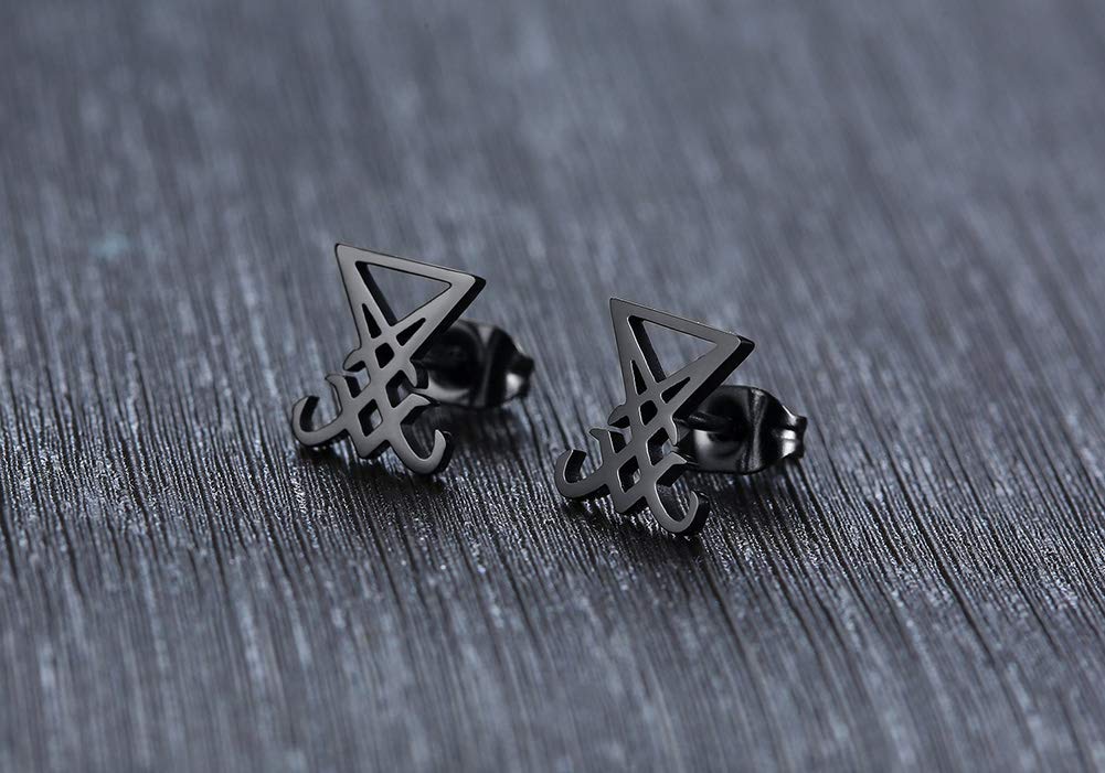 Lucifer Sigil Stud Earrings - Stainless Steel Satanic Symbol Ear Plugs for Men & Women (Black, 2-Piece) | Gothic Jewelry for Alternative Fashion & Occult Accessories