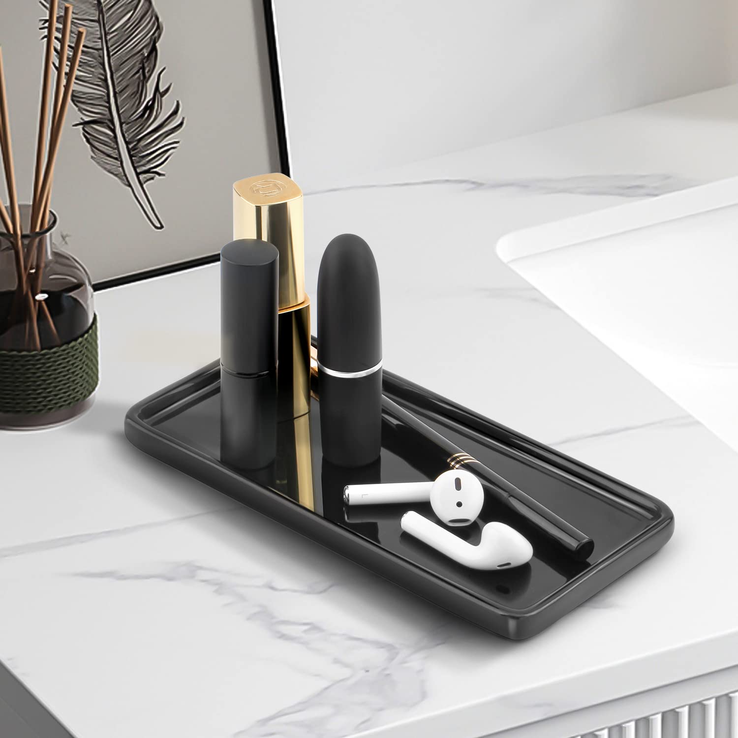 Nucookery 6 Inch Small Rectangle Ceramic Vanity Tray Set of 2 - Bathroom Countertop Organizer for Soap, Jewelry & Cosmetics - Black Decorative Storage Tray for Sink, Bathtub & Kitchen Counter