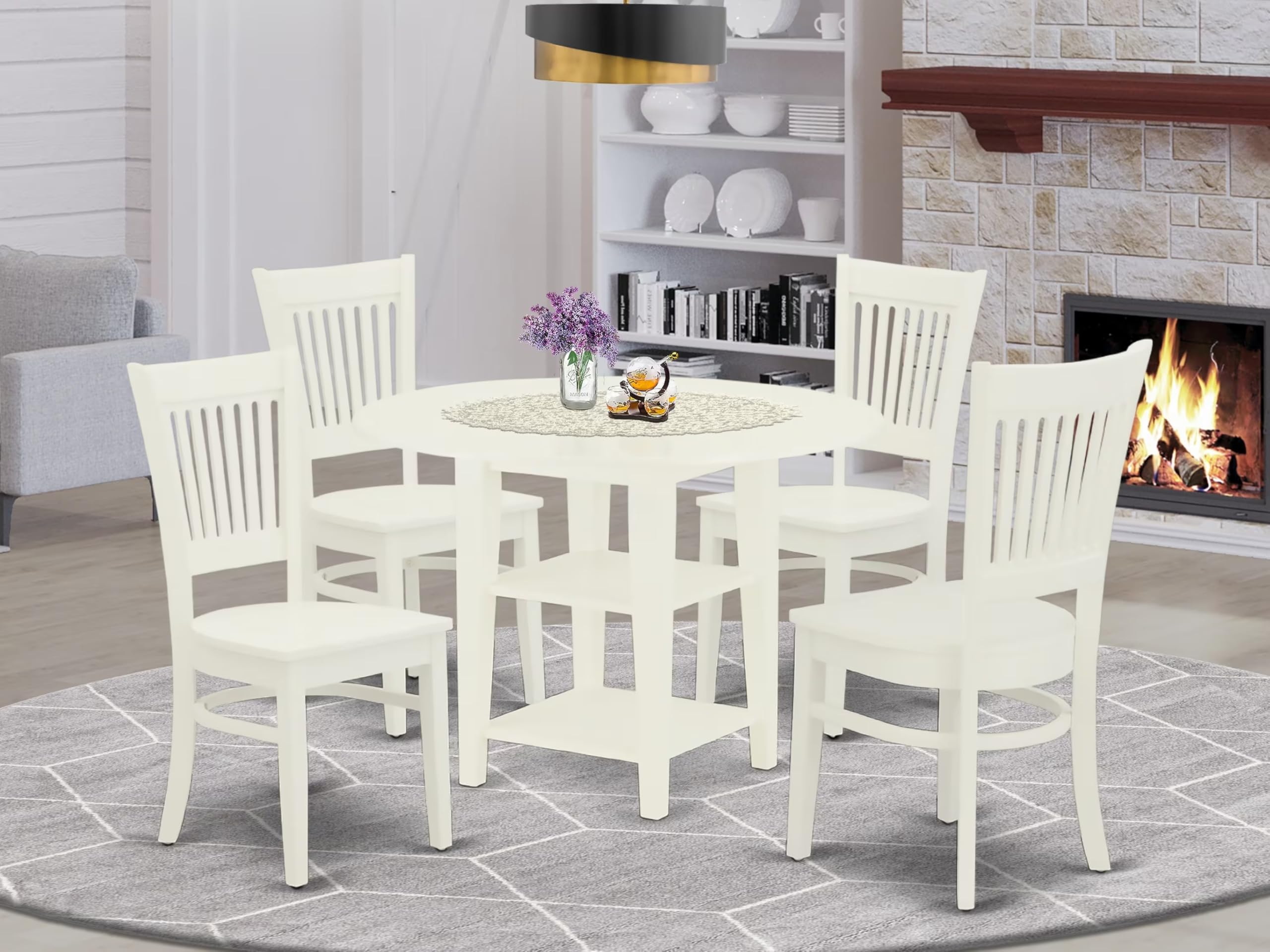 East West Furniture SUVA5-LWH-W 5-Piece Round Dining Table Set for 4 with Drop Leaf & Storage Shelves - 42x42 Inch Linen White Kitchen Table & Chairs - Perfect for Small Spaces, Breakfast Nooks & Cozy Family Meals