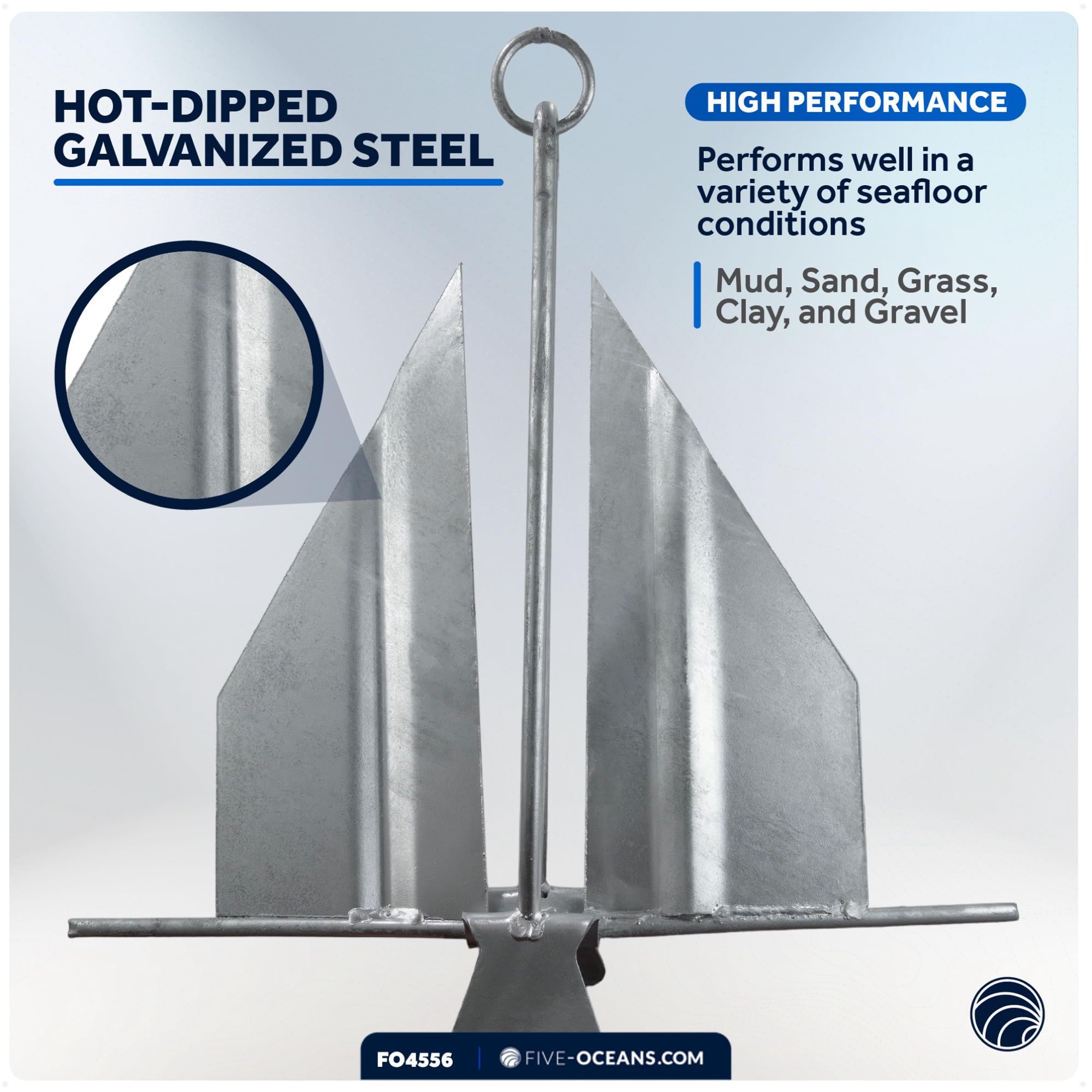 Five Oceans Heavy-Duty Galvanized Steel Fluke Boat Anchor with Slip Ring - Perfect for Kayaks, Dinghies, Paddleboards, Canoes & Personal Watercraft (Multiple Sizes Available) - Ideal for Fishing, Boating & Water Sports Adventures