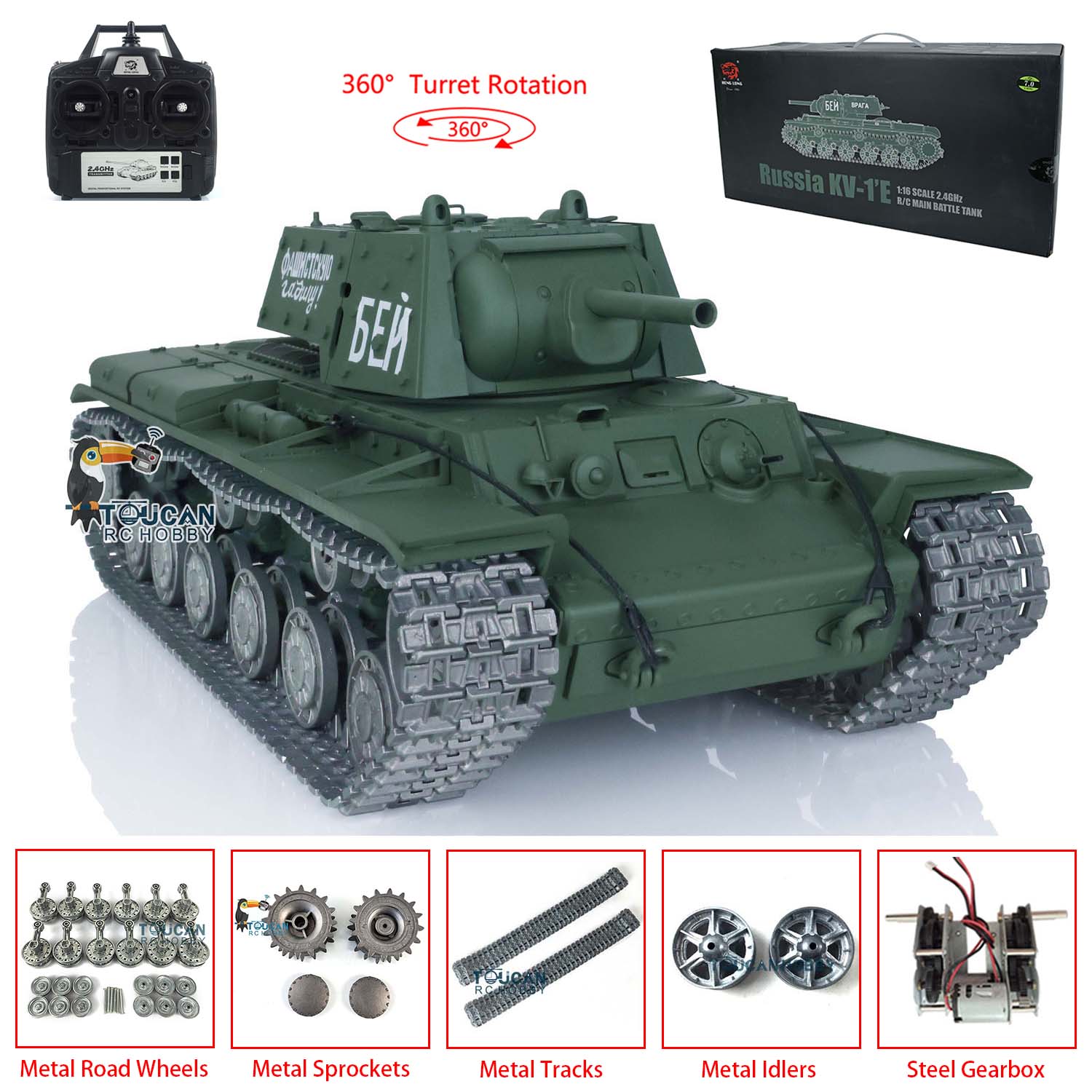 Henglong 1/16 7.0 Scale RC Tank - Customized Soviet KV-1 Model with 360° Rotating Turret, Metal Tracks & Wheels - Realistic Military Vehicle for Collectors & Hobbyists (Perfect for Battle Reenactments & Display)