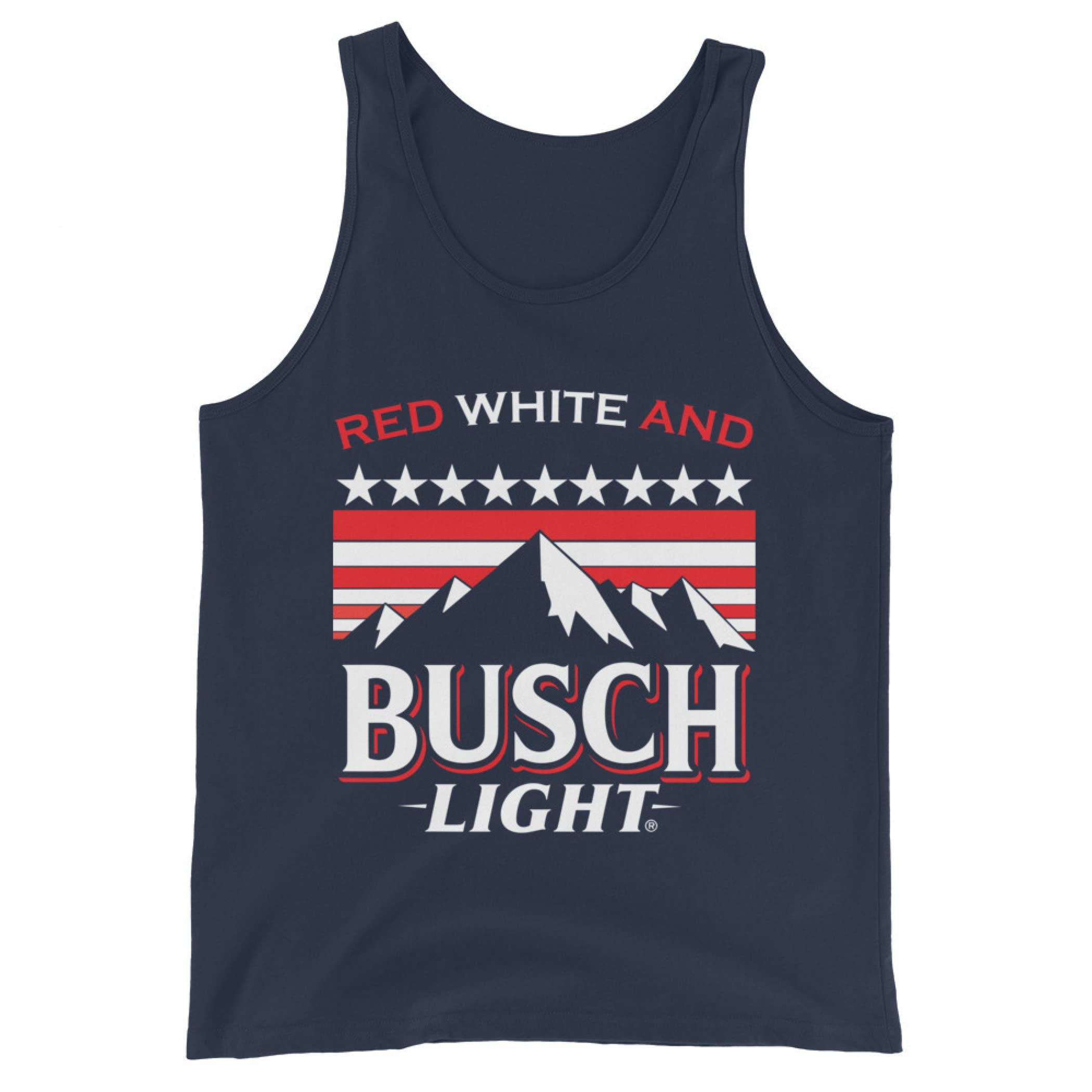Busch Light Red White & Blue Mountains Navy Tank Top for Men - Patriotic Graphic Tee for Summer, BBQ, and Outdoor Adventures