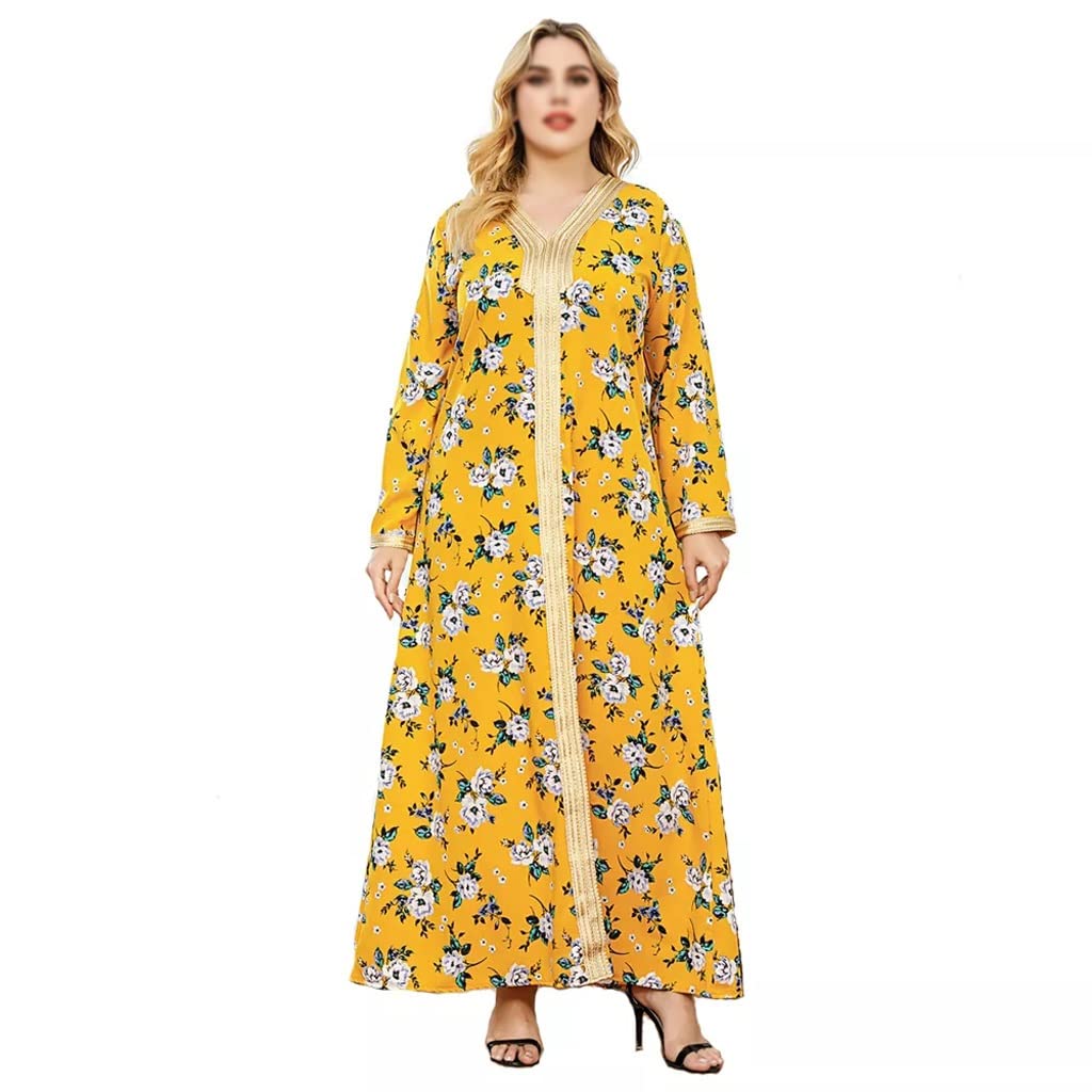 SKREOJF Plus Size Floral Maxi Dress for Women - Yellow Long Sleeve Flowy Robe (Size XL) | Perfect for Autumn, Fall Weddings & Casual Outings