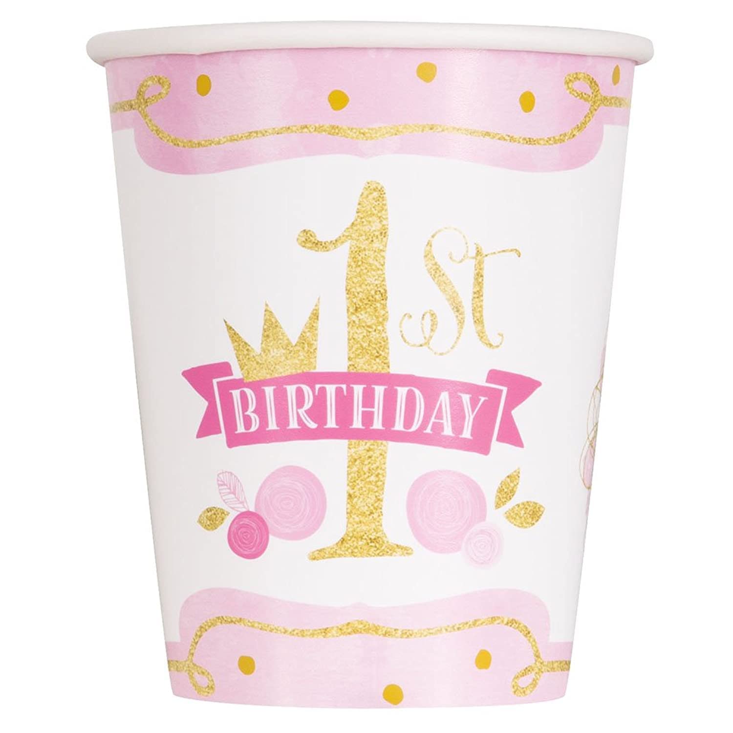 9oz Pink and Gold Girls 1st Birthday Party Cups - Set of 8 Disposable Plastic Cups for Baby Shower, Birthday Celebrations, and Special Occasions