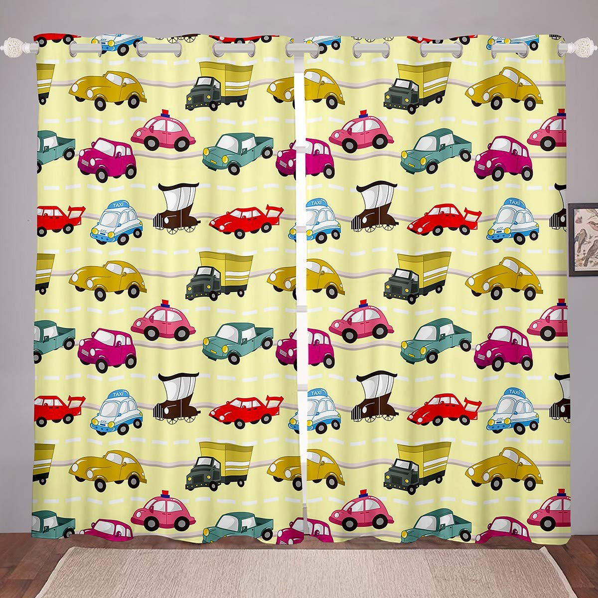 Feelyou Kids Car Curtains - Cartoon Window Drapes for Boys & Girls Room Decor - 52x90 Inch (2 Panels) - Perfect for Bedroom & Playroom