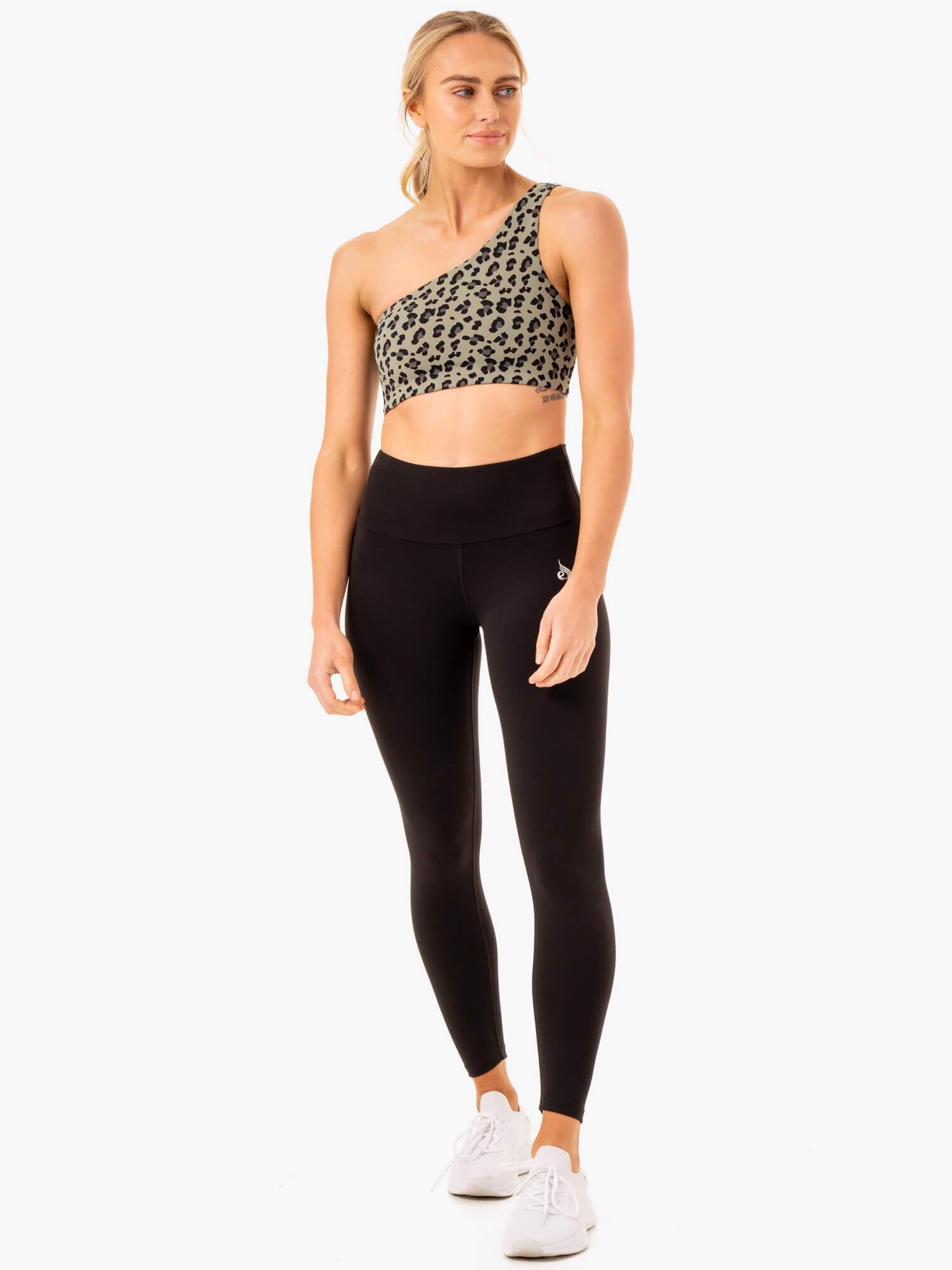 Adapt One Shoulder Sports Bra - Khaki Leopard Print - High Support Workout Top for Yoga, Running & Gym