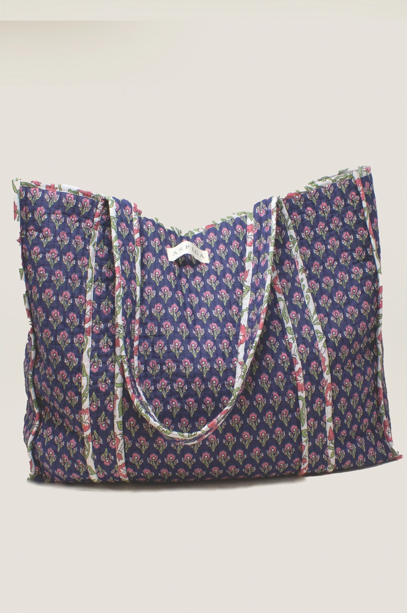 Quilted Tote Bag for Women - Primrose Stamp Navy/Pink Crossbody Shoulder Bag - Perfect for Work, Travel & Shopping