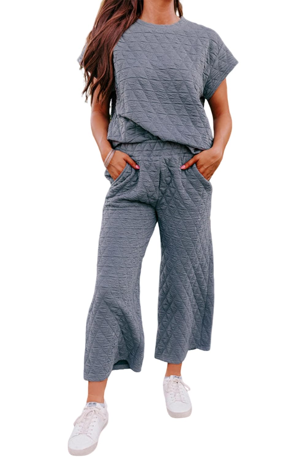 LEMAFER Women's Quilted Short Sleeve Wide Leg Pants Set - Casual Solid Round Neck Pullover Tops for Fall | Trendy Outfit for Work, Travel & Daily Wear