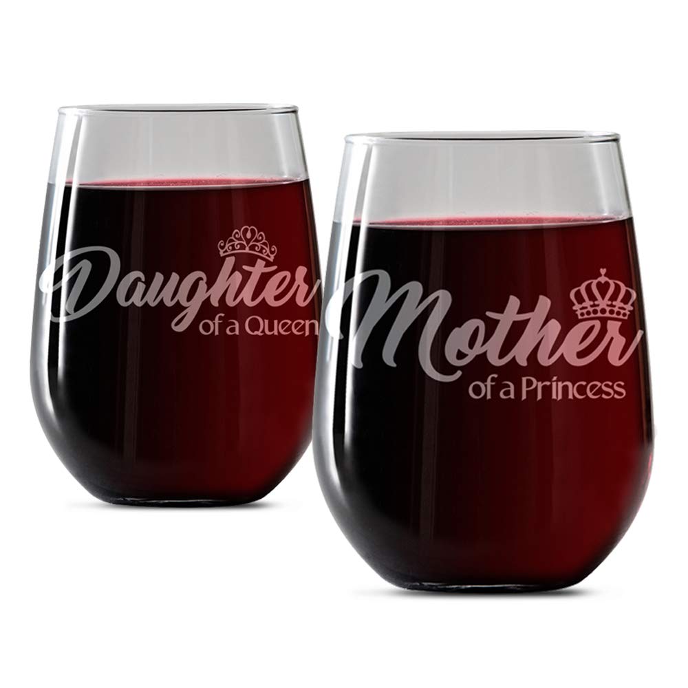 Mother Daughter Wine Glass Gift Set - 2 Stemless 17oz Glasses - 'Mother of a Princess, Daughter of a Queen' - Elegant Birthday & Mother's Day Gifts for Women - Perfect for Mother-Daughter Bonding, Girls' Night, and Special Celebrations