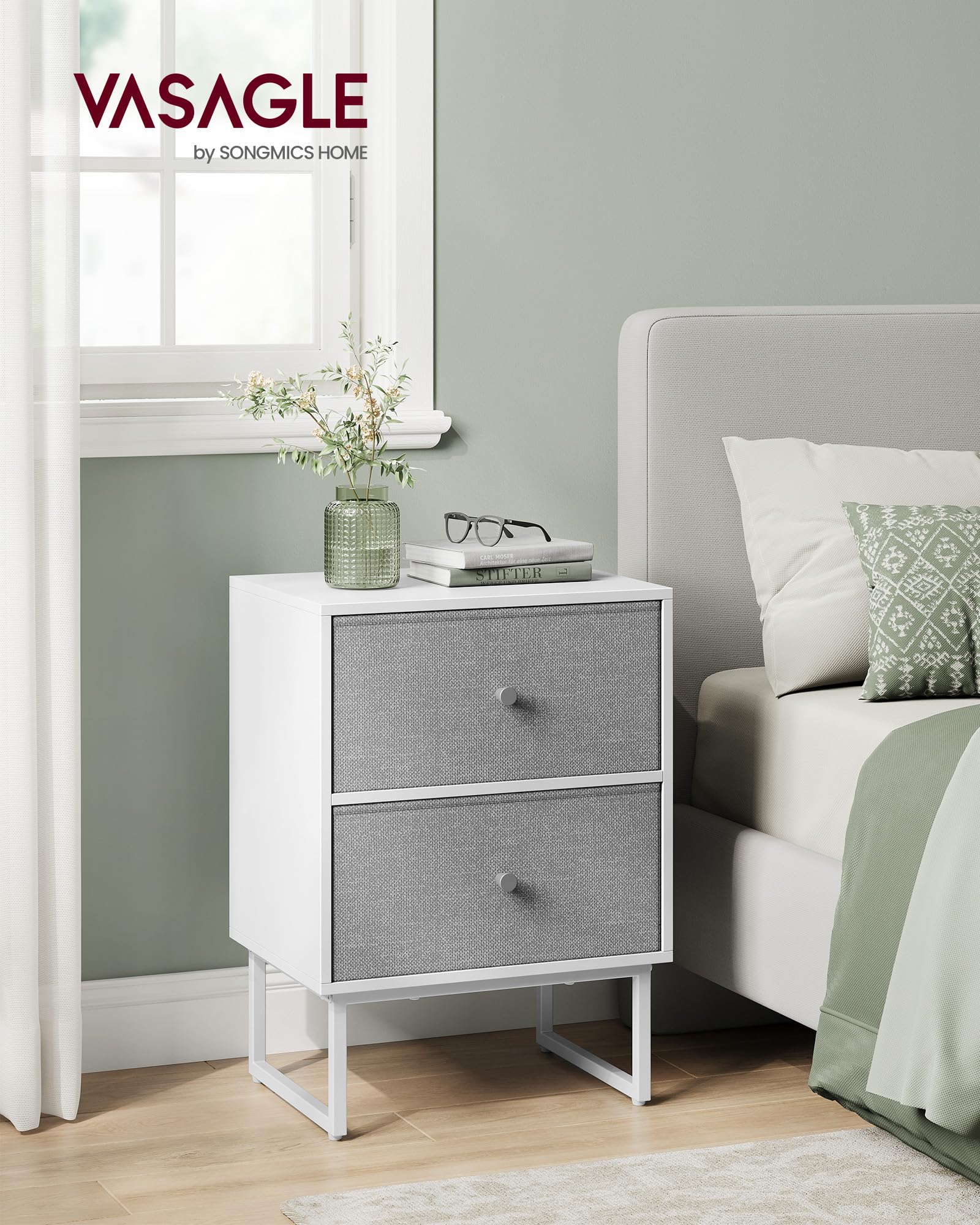 VASAGLE Nightstand Set of 2 - Small Bedside Table with Removable Fabric Drawers, Modern End Table for Bedroom, Office & Living Room - Cloud White & Dove Gray | Perfect for Storage, Reading & Decor