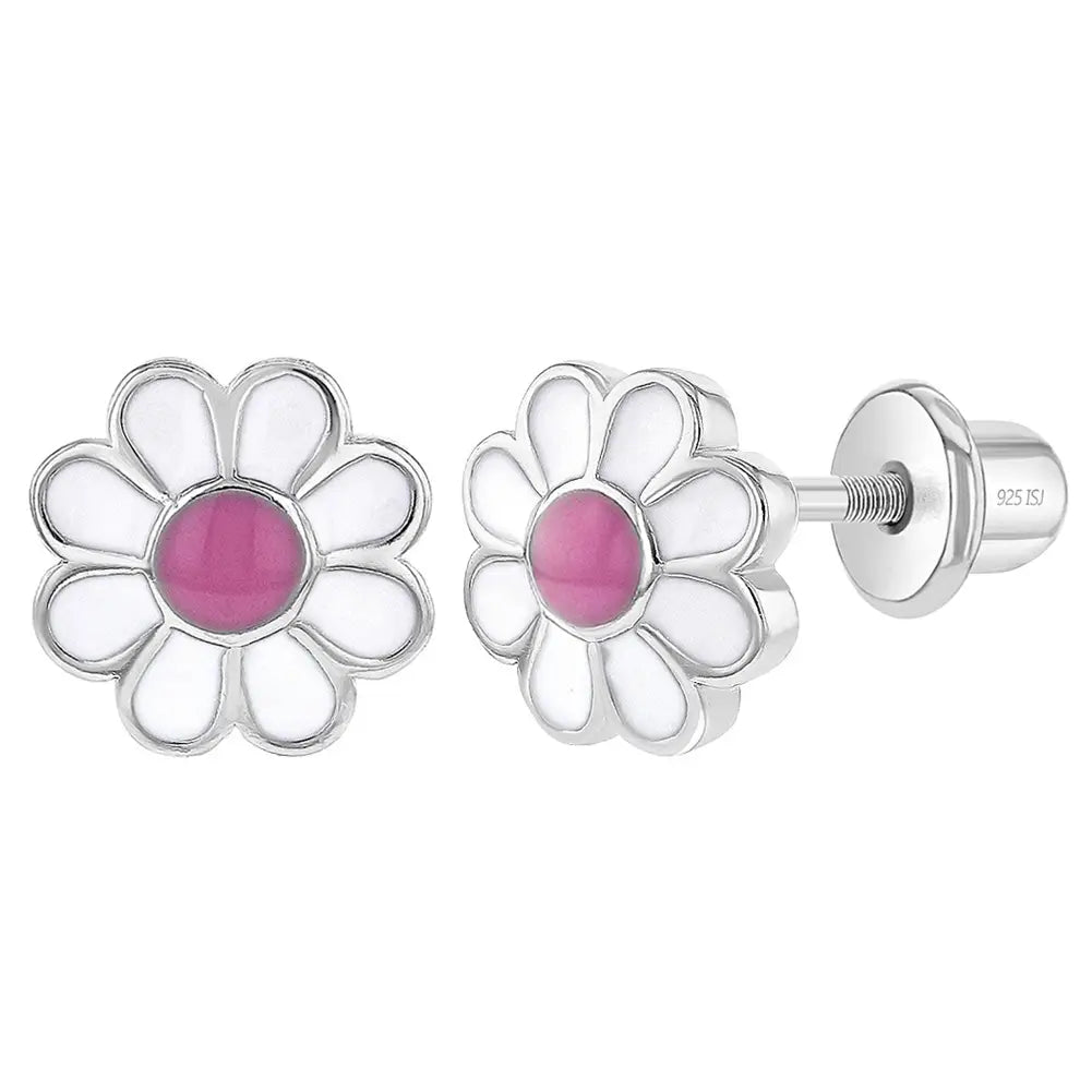 Kids' Sterling Silver Enamel Daisy Stud Earrings for Girls - Hypoallergenic Screw Back Earrings for School, Party & Everyday Wear