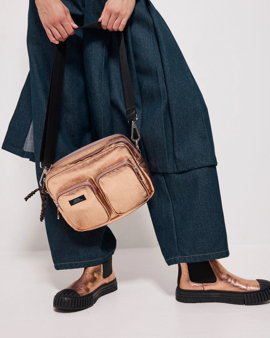 Premium Leather Messenger Pocket Bag - Apricot Metallic Crossbody Bag for Women & Men | Perfect for Work, Travel & Everyday Use