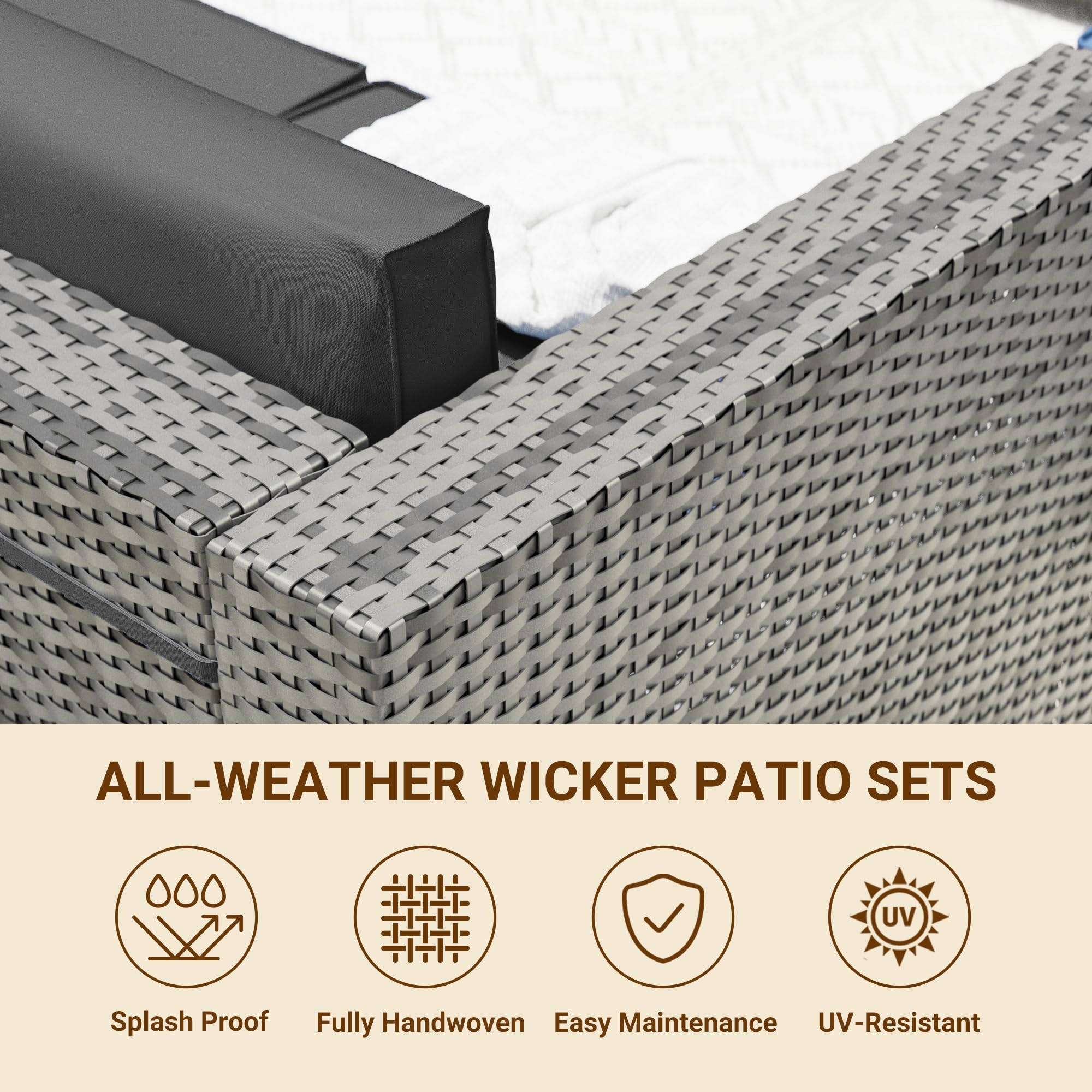 7-Piece Outdoor Patio Furniture Set with Waterproof Cover - All-Weather Wicker Sectional Sofa Conversation Set for Backyard, Garden or Poolside (Grey with Grey Cushions) - Perfect for Outdoor Entertaining, Relaxing and Family Gatherings
