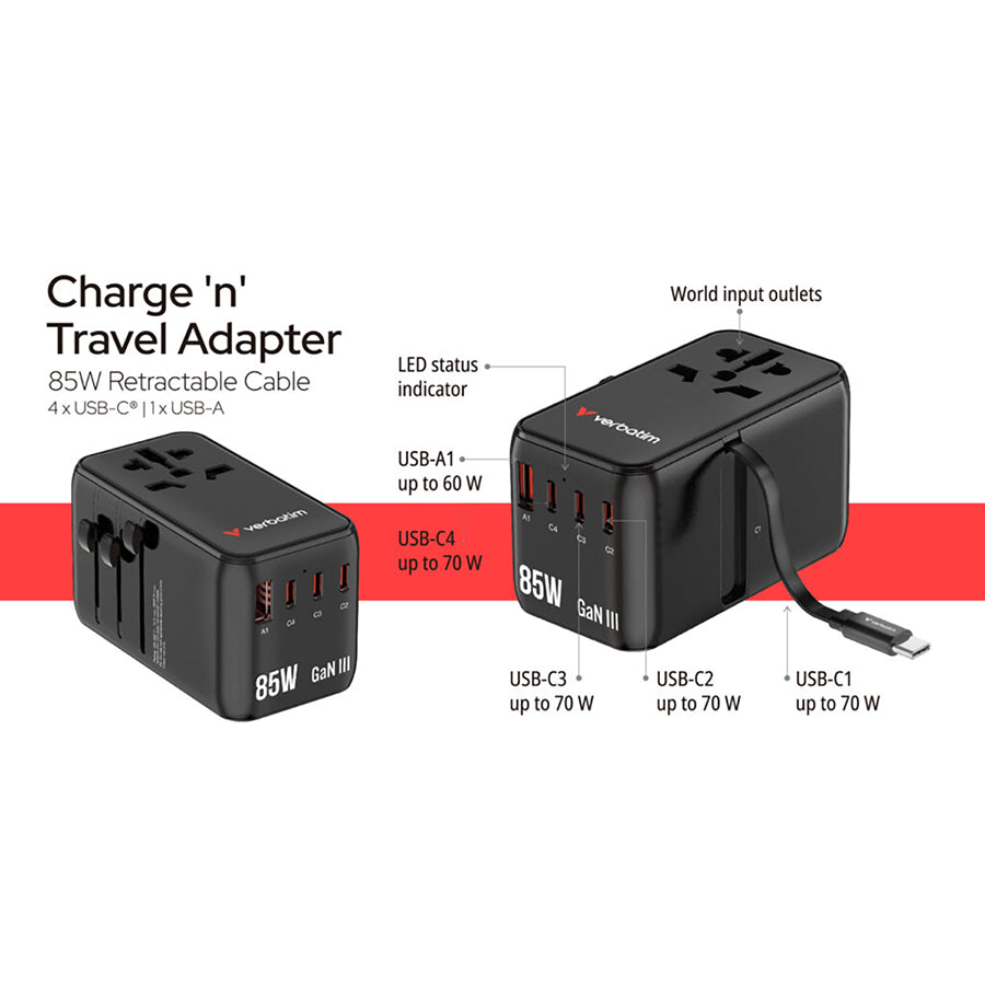 Verbatim 85W Charge 'N' Travel Adapter - Universal Power Converter for Laptops & Devices - Perfect for Business Travelers & Digital Nomads