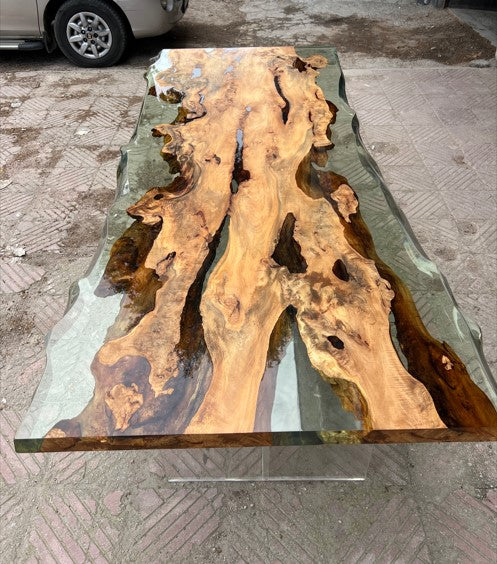 Solid Linden Wood Epoxy Resin Dining Table - Natural Wood Look Modern Side Table for Living Room, Bedroom & Patio - Perfect for Small Spaces, Coffee Table Alternative, Home Decor Accent