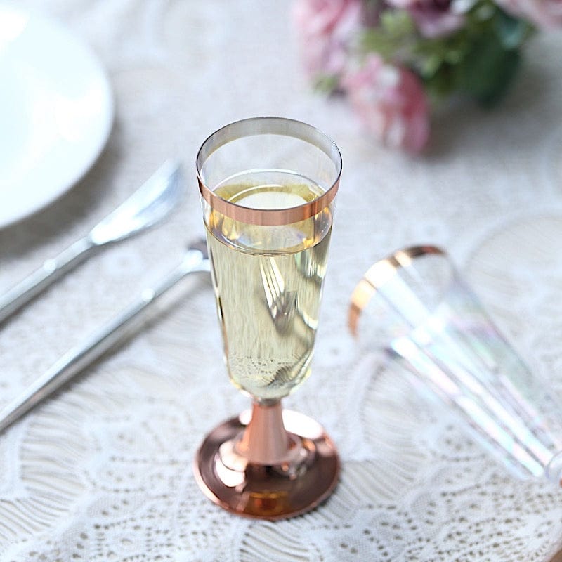 12-Pack 5 oz Clear Disposable Champagne Flutes with Rose Gold Rim - Elegant Party Tableware for Weddings, Bridal Showers & Celebrations