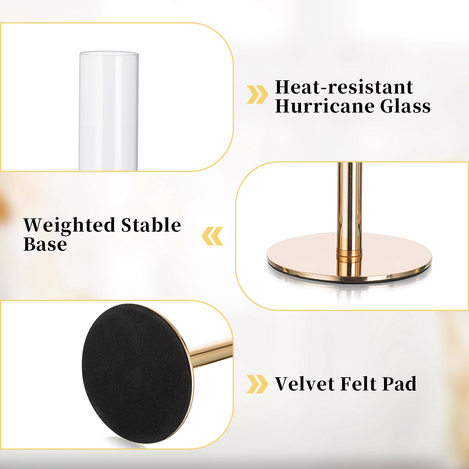 Glasseam Gold Hurricane Candlestick Holders - Set of 6 Tall Taper Candle Holders with Glass Chimney for Wedding Centerpieces, Dining Table Decor, Christmas & Holiday Home Decoration | Elegant Table Setting & Romantic Ambiance Lighting