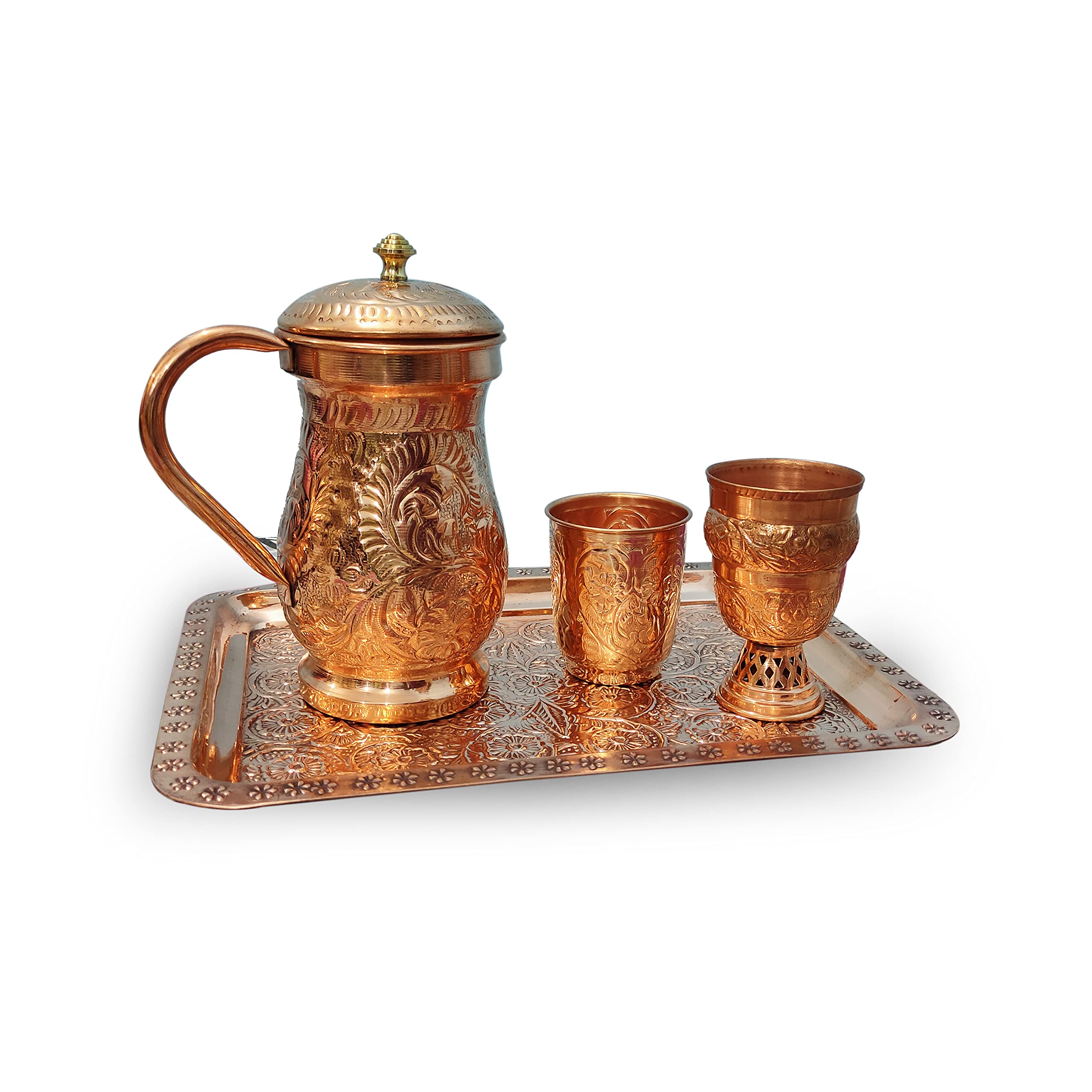Pure Copper Water Pitcher Set with Tray & Glasses - Ayurvedic Copper Vessel for Drinking Water, Smooth Finish Carafe - Premium Home & Kitchen Accessories by Erha Handicraft | Perfect for Detox, Wellness & Ayurvedic Rituals