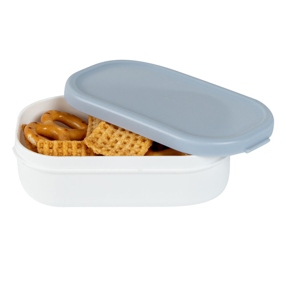 Bento Tek 3 oz White Buddha Box Snack & Sauce Containers with Blue Lids (4-Pack) - 3.75