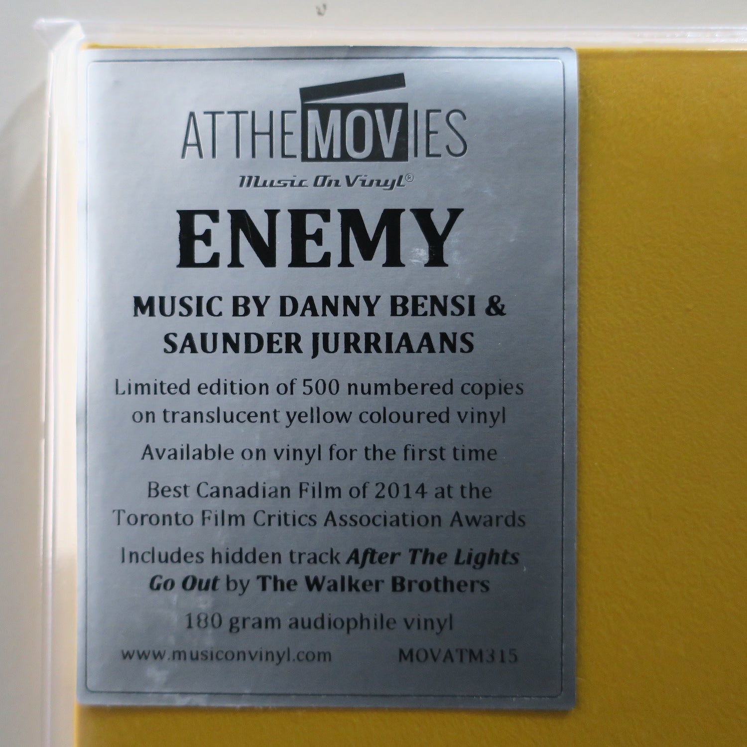 ENEMY Movie Soundtrack by Denis Villeneuve - Limited Edition 180g Yellow Vinyl 2LP Record - Perfect for Film Collectors & Audiophiles