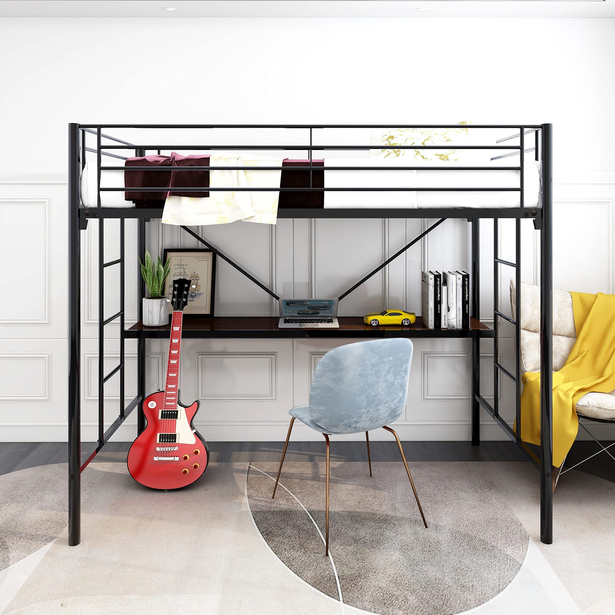 HAHRIR Modern Metal Loft Bed with Built-in Desk & Safety Guardrails - Twin Size Black - Space Saving Bedroom Furniture for Small Rooms, Dorms & Apartments