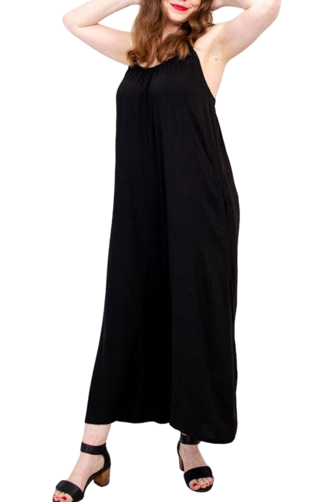 Joanna Black Linen Bamboo Jumpsuit for Women - Comfortable Summer Romper with Pockets - Perfect for Beach, Vacation & Casual Outings