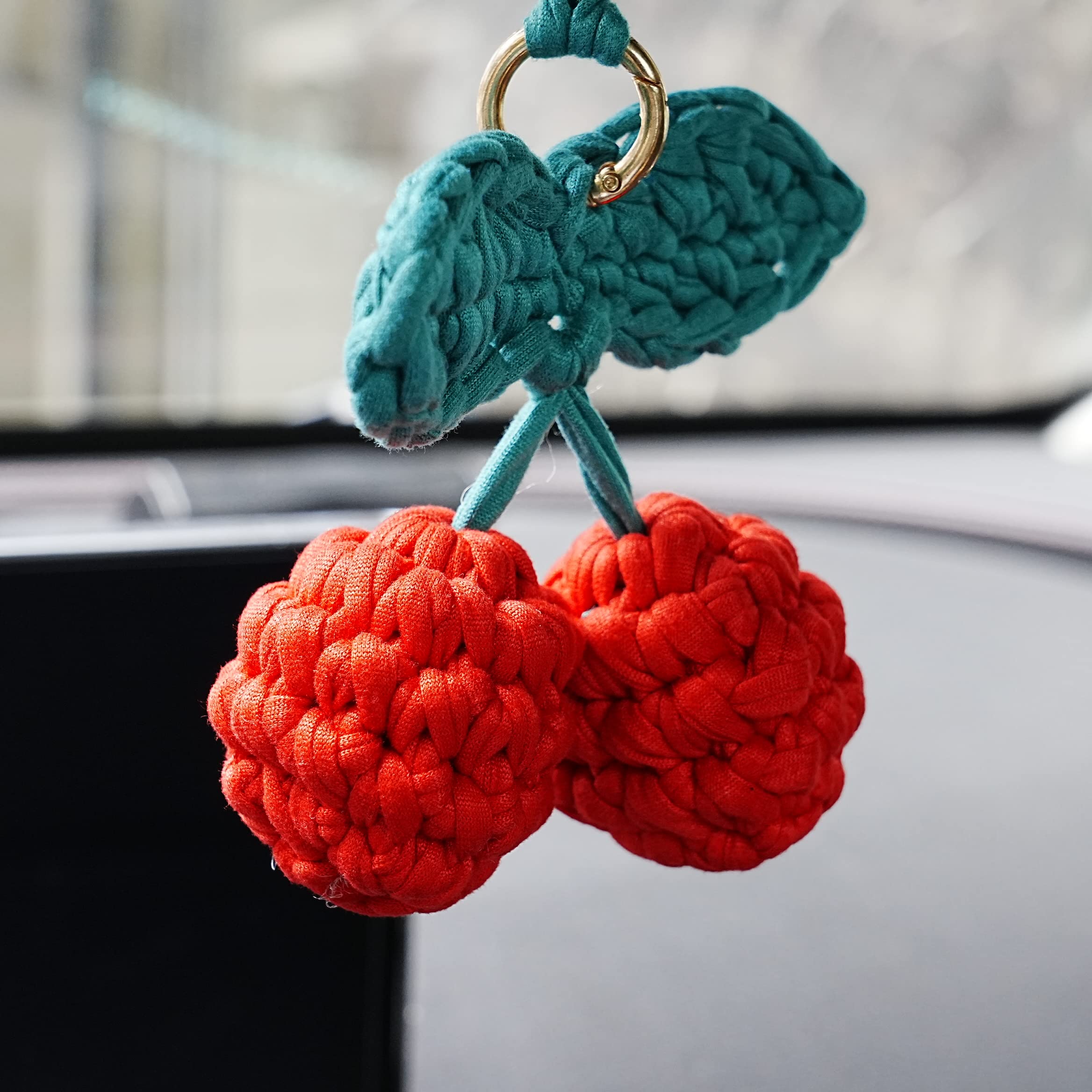 Hand Knitted Cherry Pendant - Cute Car Rear View Mirror Hanging Ornament, Boho Car Accessories Gift for Women, Perfect for Road Trips & Daily Commute