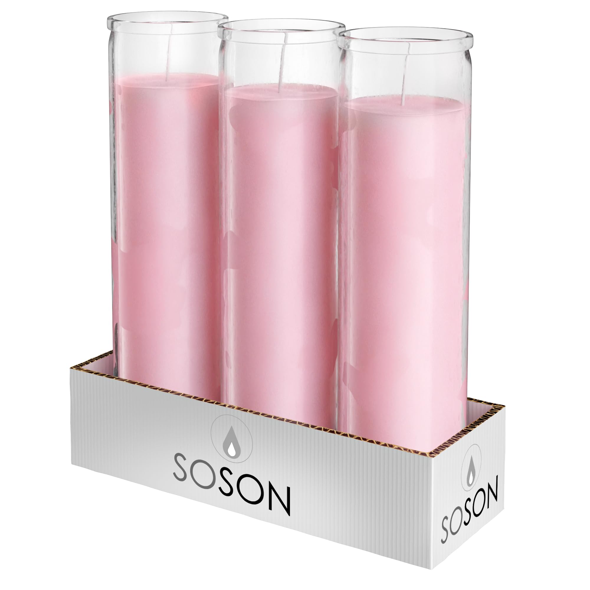 SIMPLY SOSON 2x8 Inch Pink Glass Candles 3-Pack – 90 Hour Burn Time | Prayer, Meditation & Religious Candles | Church, Memorial & Emergency Use | Long-Lasting White Candles for Home Decor, Spiritual Rituals & Power Outages
