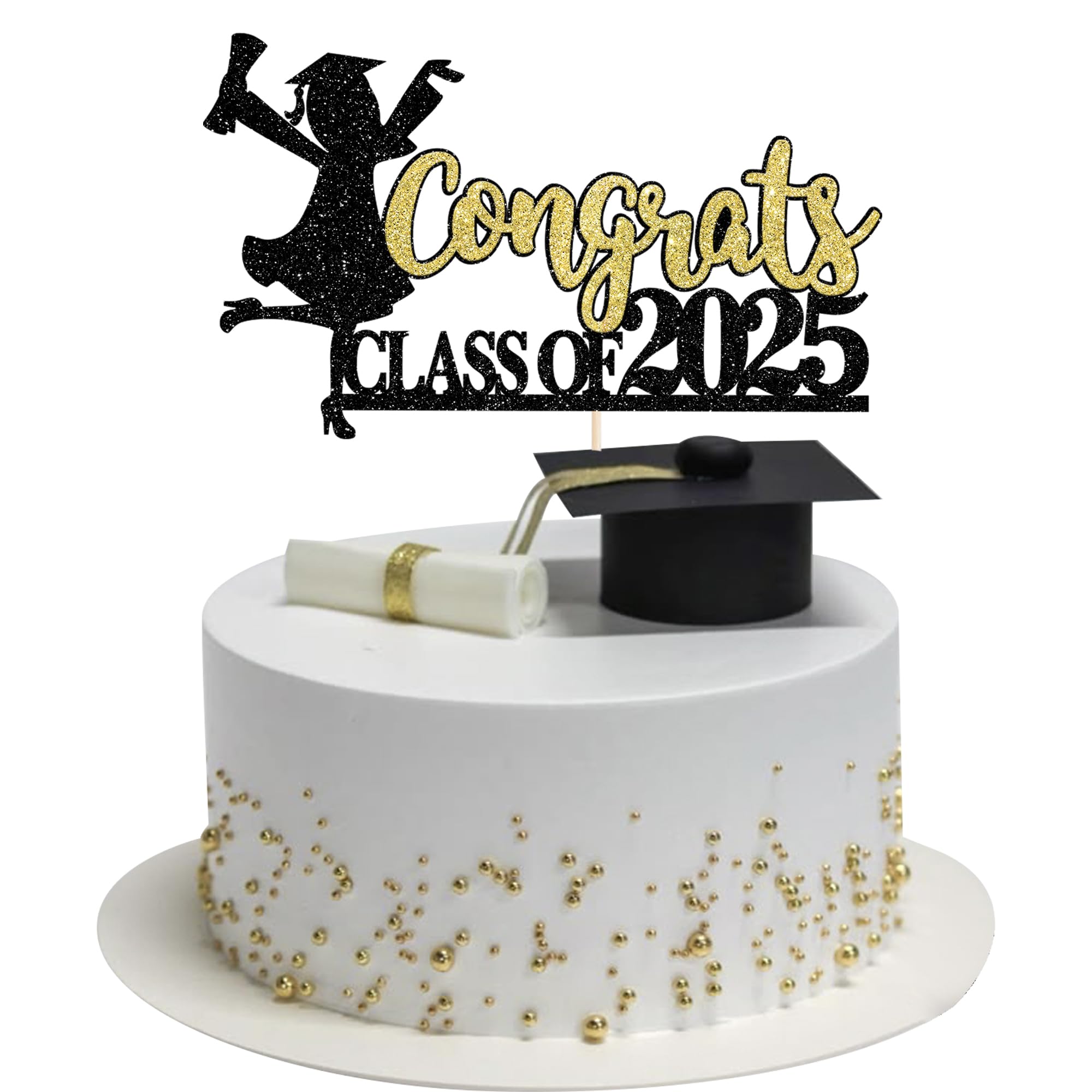 2025 Graduation Cake Toppers - Glitter Class of 2025 Cake Decorations for High School Girls (Gold & Black) | Perfect for Graduation Party, Cake Decorating, and Celebration Supplies