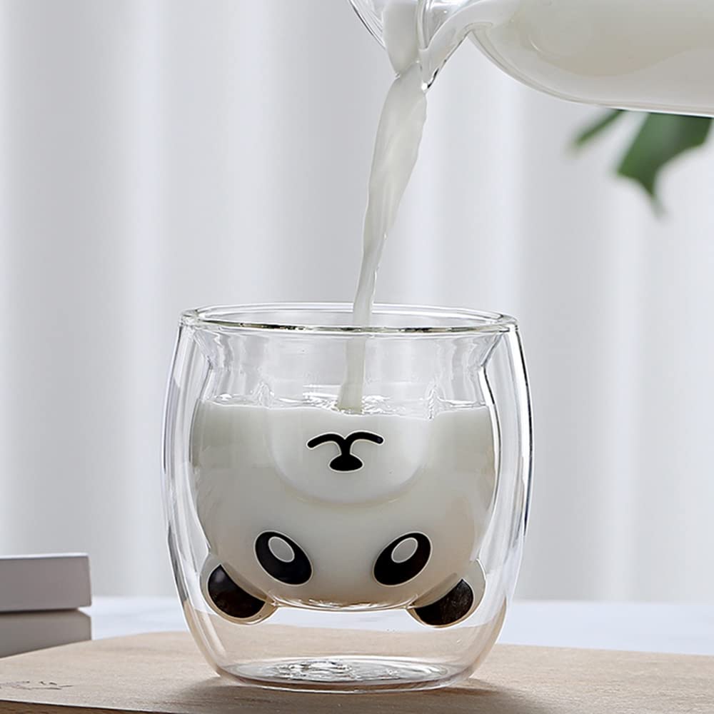 Double Wall Glass Mug - Insulated Coffee & Tea Cup with Cute Bear & Cat Design - Perfect for Hot Drinks, Milk, and Office/Home Use