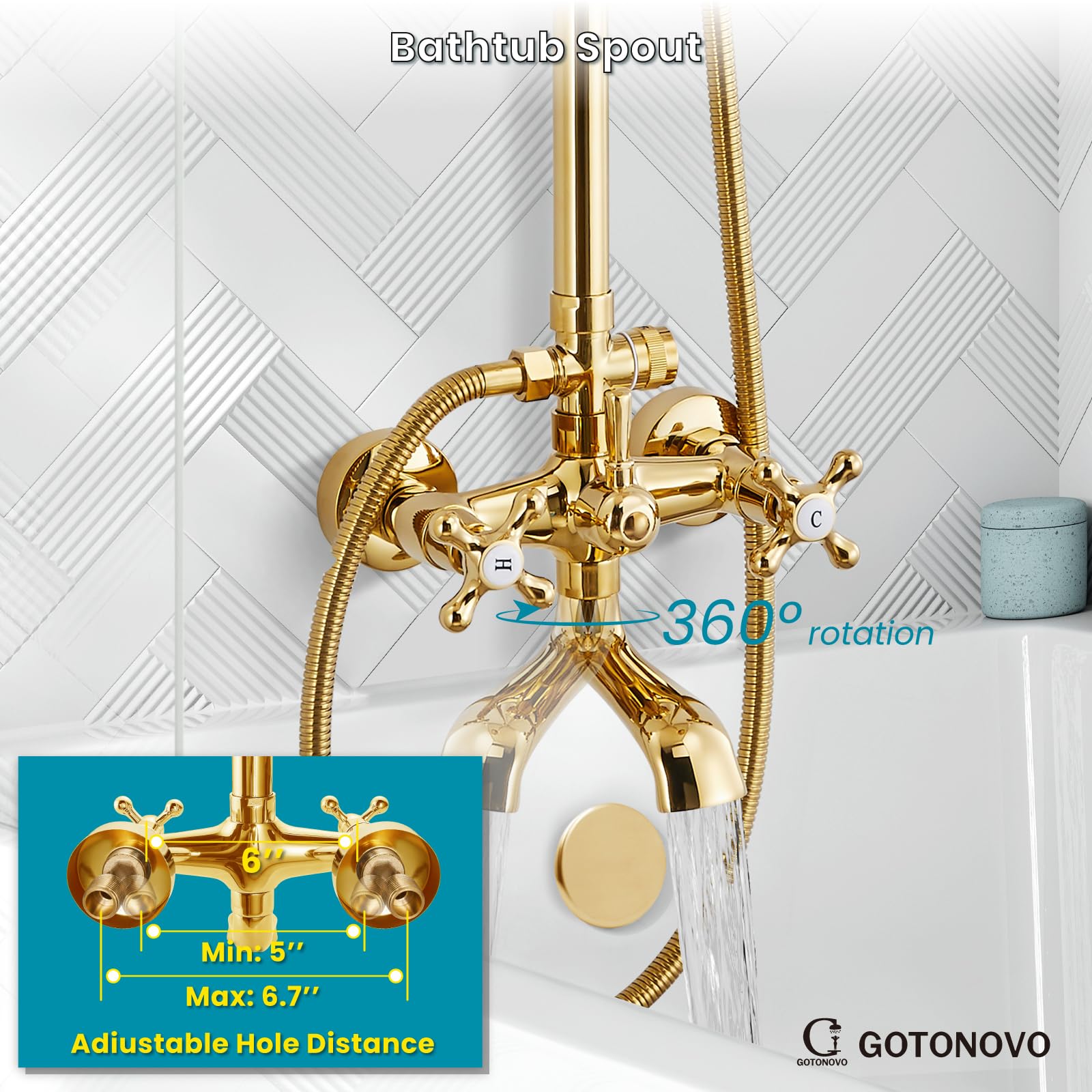 Gotonovo 8 Inch Exposed Shower Faucet Set with Rainfall Showerhead - 3-Function Shower System with Tub Spout & Cross Handles in Polish Gold - Perfect for Bathroom Renovation & Luxury Spa Experience