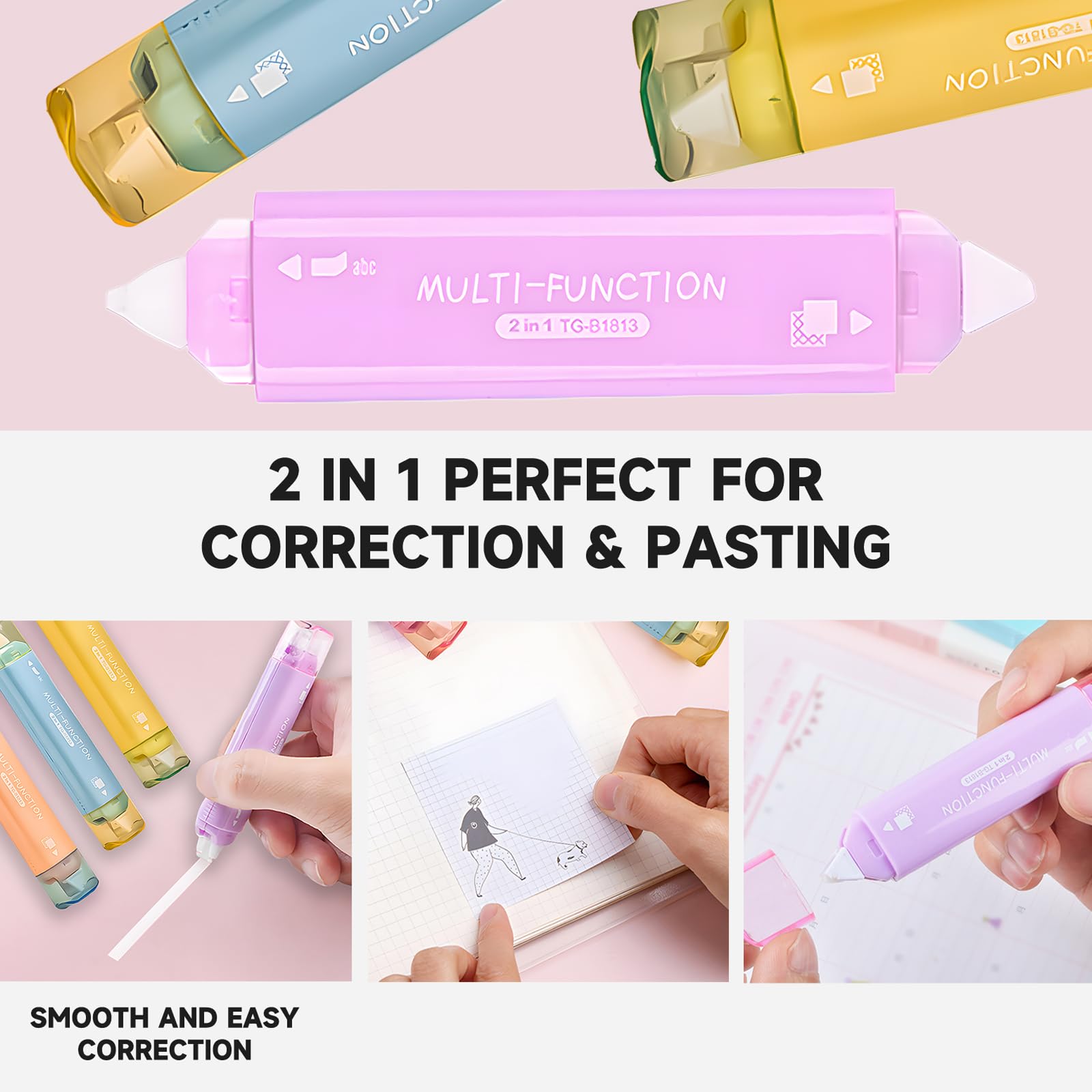 2 in 1 White Out Correction Tape & Double Sided Tape Roller - Quick Dry Japanese Liquid Paper with Permanent Adhesive - Perfect for School Homework, Office Documents & Home Craft Projects