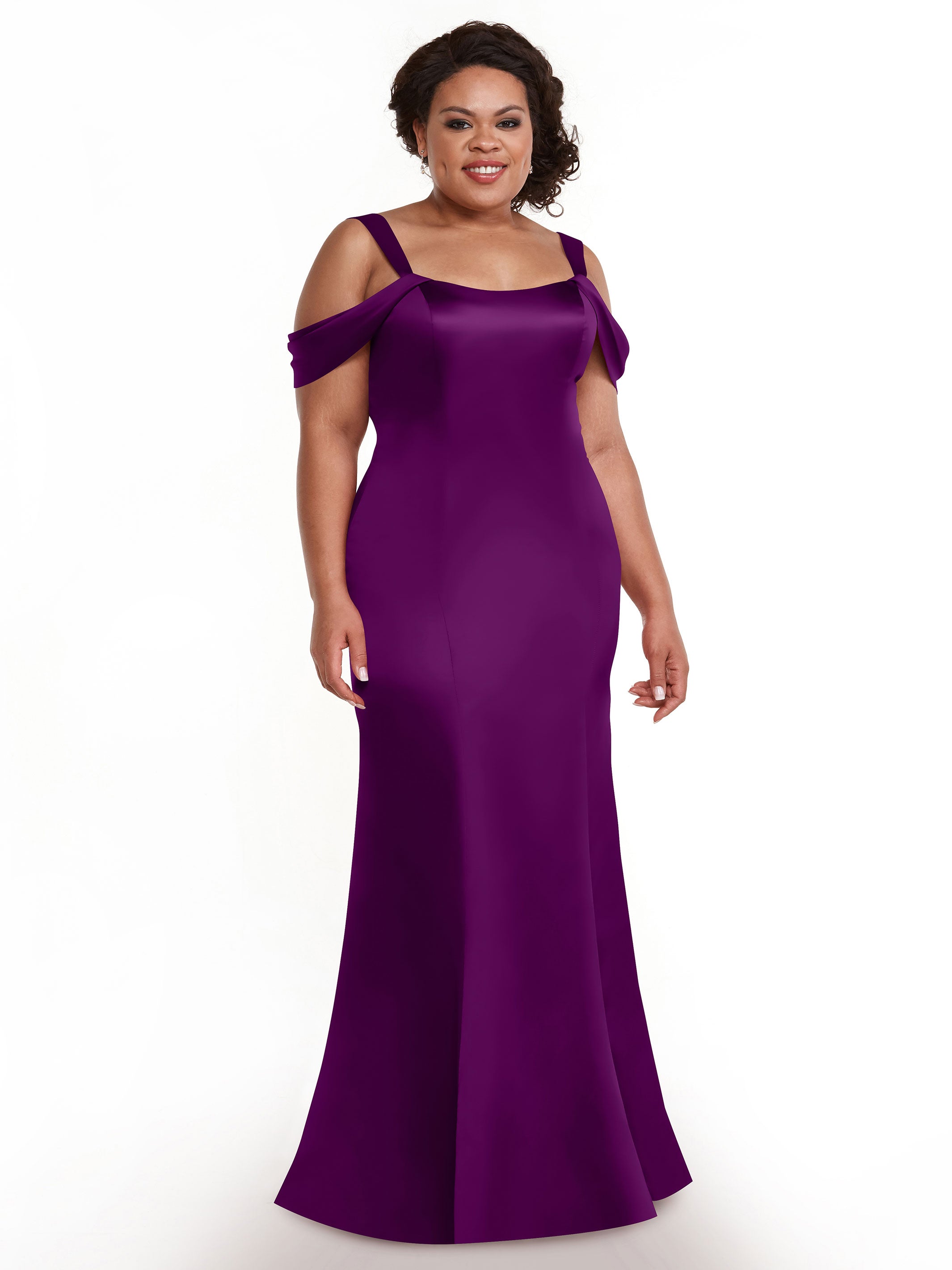 Elegant 80151 Fitted Satin Bridesmaid Dress with Off-The-Shoulder Sleeves - Perfect for Weddings, Formal Events & Special Occasions